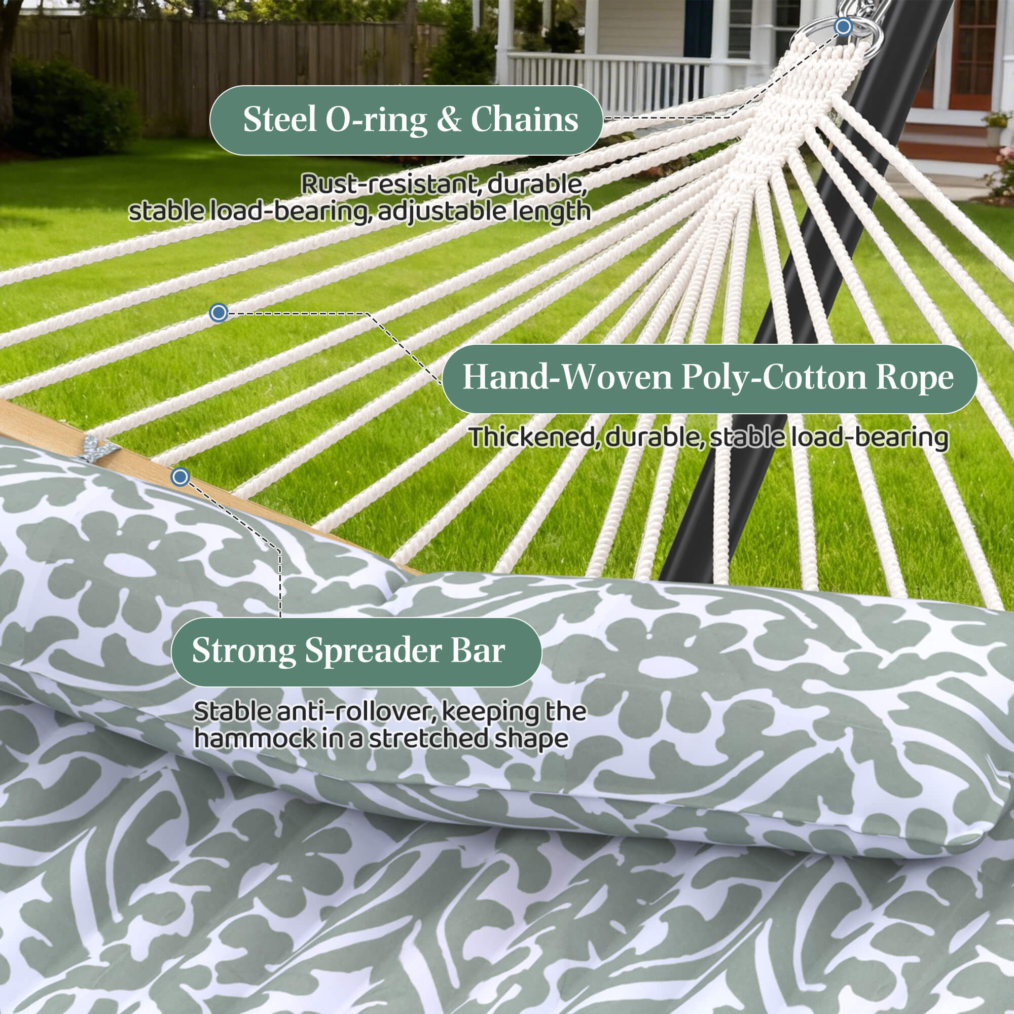 HOMREST Modern Rope Hammock with Stand, Portable Outdoor Hammock for Backyard, Beach & Camping, Gray Floral