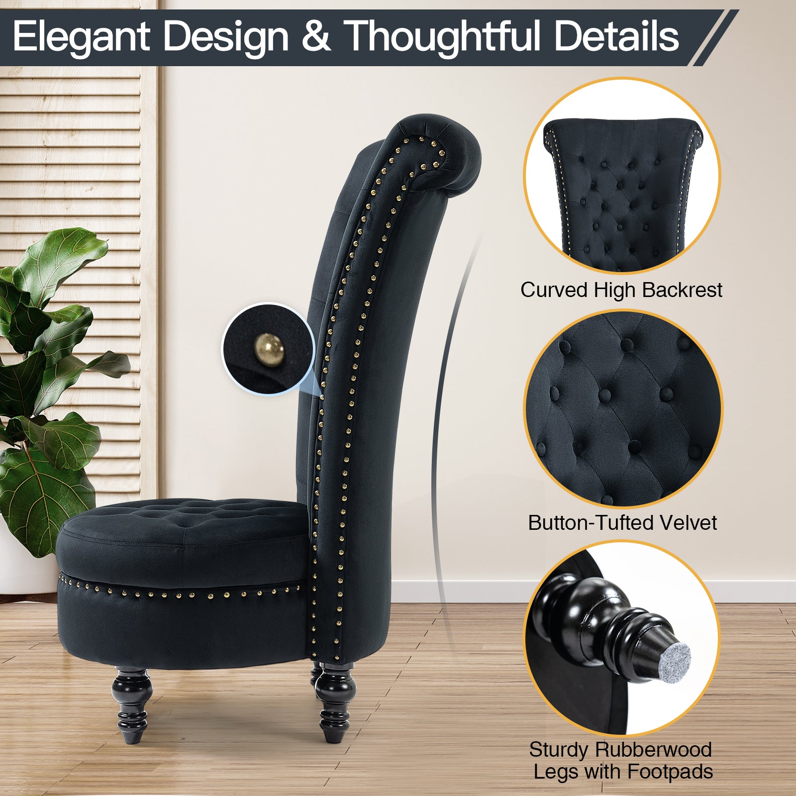 HOMREST High Back Throne Chair, Velvet Armless Royal Accent Chair w/Storage, Nailhead Trim & Rubberwood Legs for Living Room & Bedroom, Black