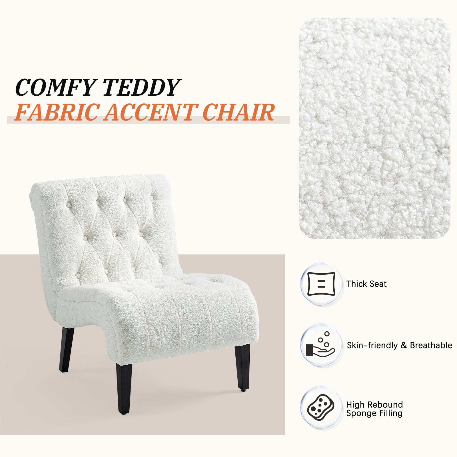 HOMREST Armless Accent Chair, Upholstered Button Tufted Living Room Chairs with Wood Legs, Comfy Frosted Velvet Lounge Chair Reading Chair for Bedroom, White