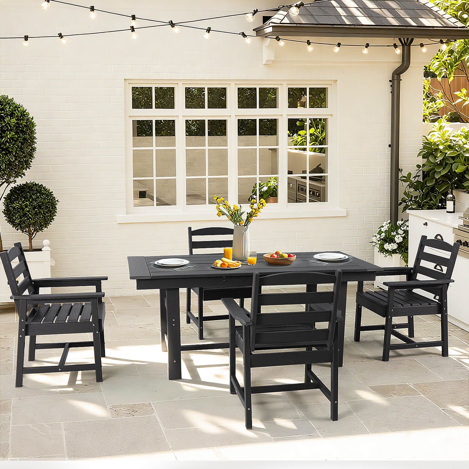 HOMREST HDPE Outdoor Patio Dining Table With Umbrella Hole, Black