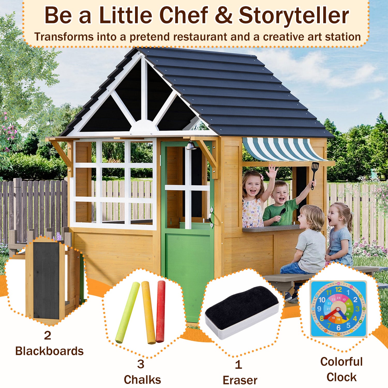 HOMREST Outdoor Play House for Kids, Wooden Kids Playhouse with Kitchen Toys, Blackboard,Chalks,Eraser,Magnetic Door, Bench, Foldable Sunshade Canopy,Bell, Pet Hole, Clock,Wood Color