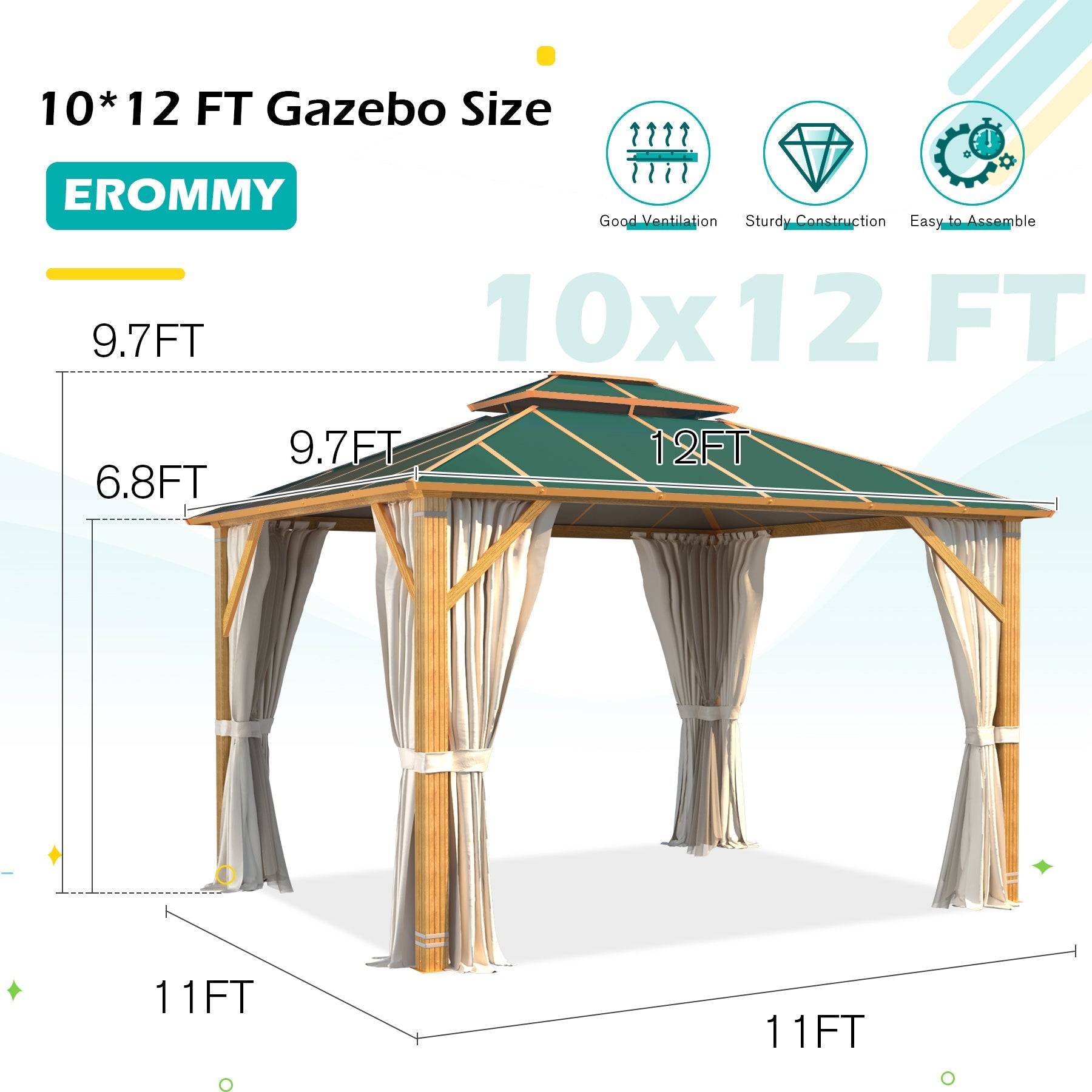 Homrest 10'x12' Gazebo, Outdoor Wood Grain Hardtop Gazebos, Aluminum Composite Double Roof with Privacy Curtain and Mosquito Net Green
