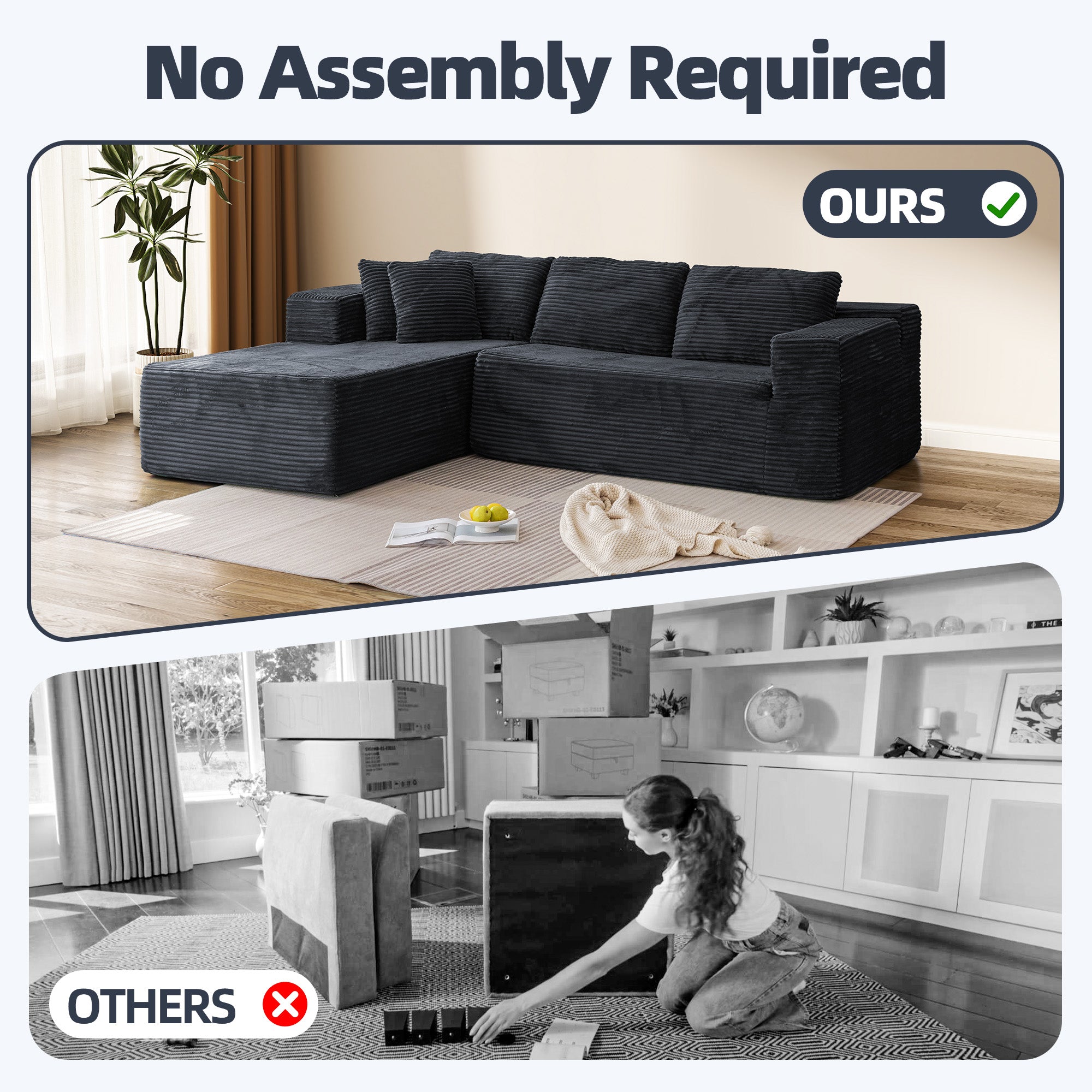 HOMREST 106 inch Cloud Sectional Couch with Chaise Lounge for Living Room Bedroom Apartment, Corduroy Fabric, Black