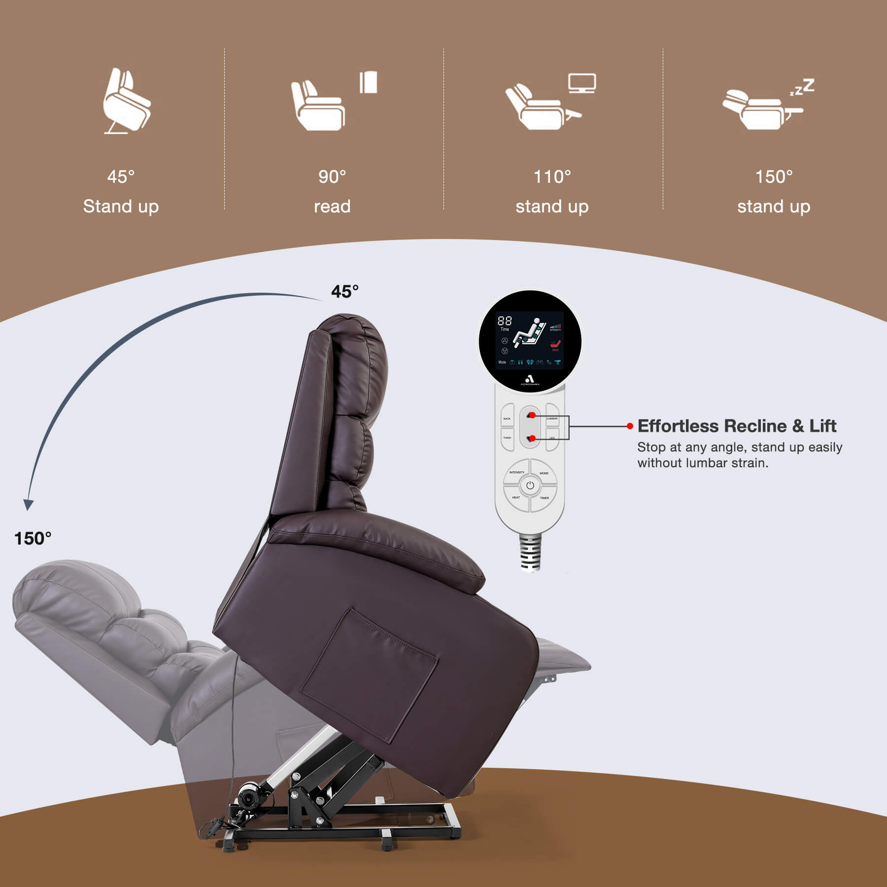 Homrest Power Lift Recliner Chair with Massage & Heat, Brown