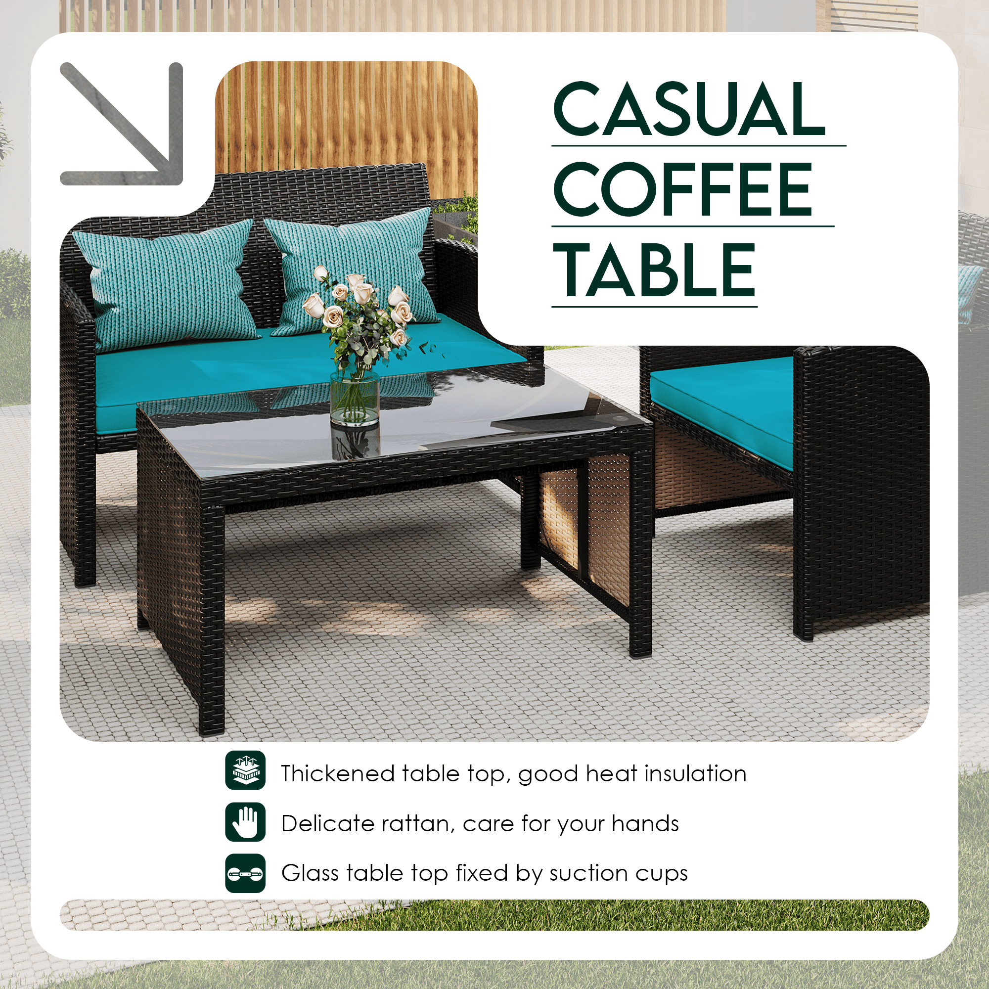 HOMREST 4-Piece Patio Furniture Set, Outdoor Wicker Patio Conversation Set with Cushions, Sofa & Glass Coffee Table, Blue