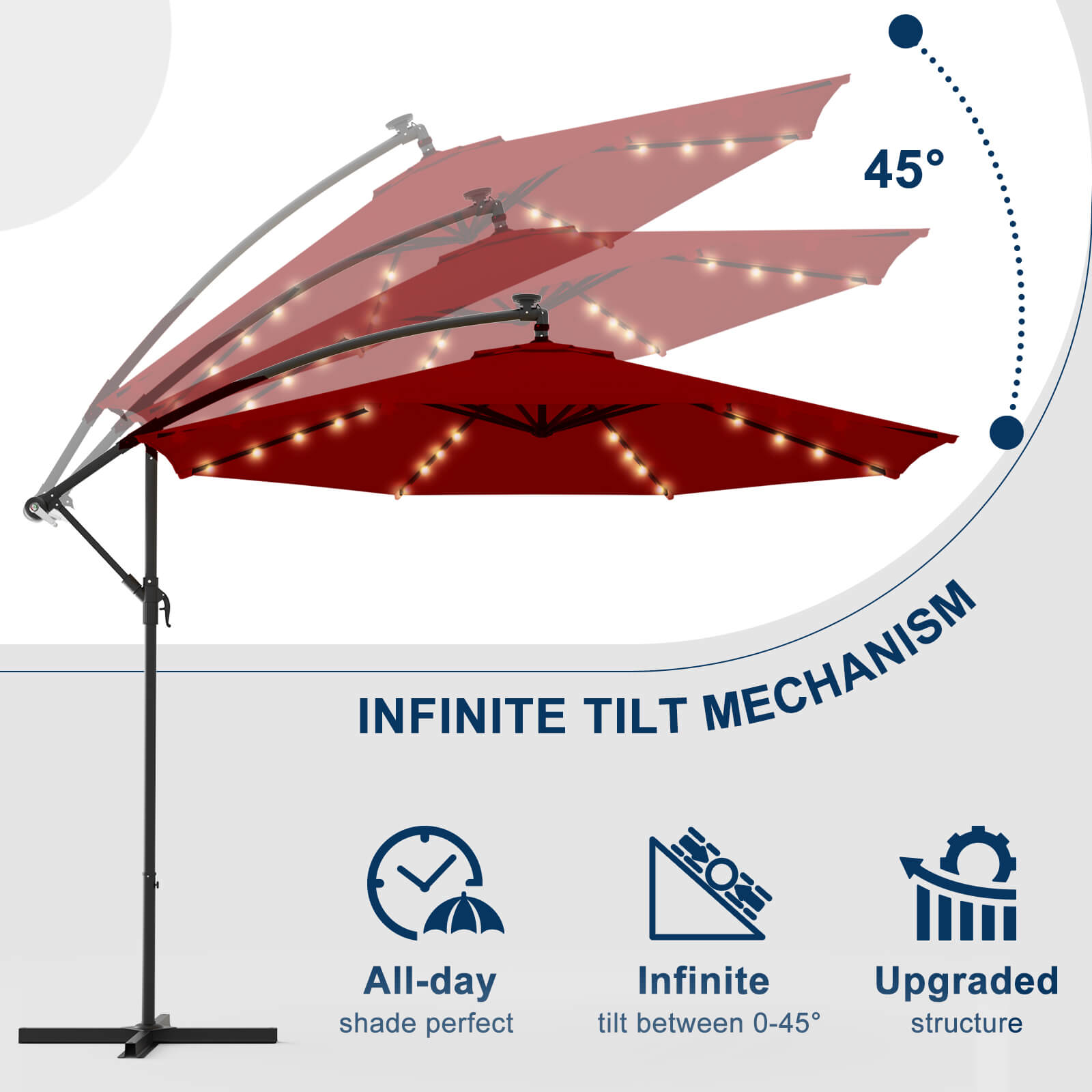 Homrest 10ft Solar Lighted Patio Umbrella, Infinite Tilt, Crank and Cross Base, Burgundy