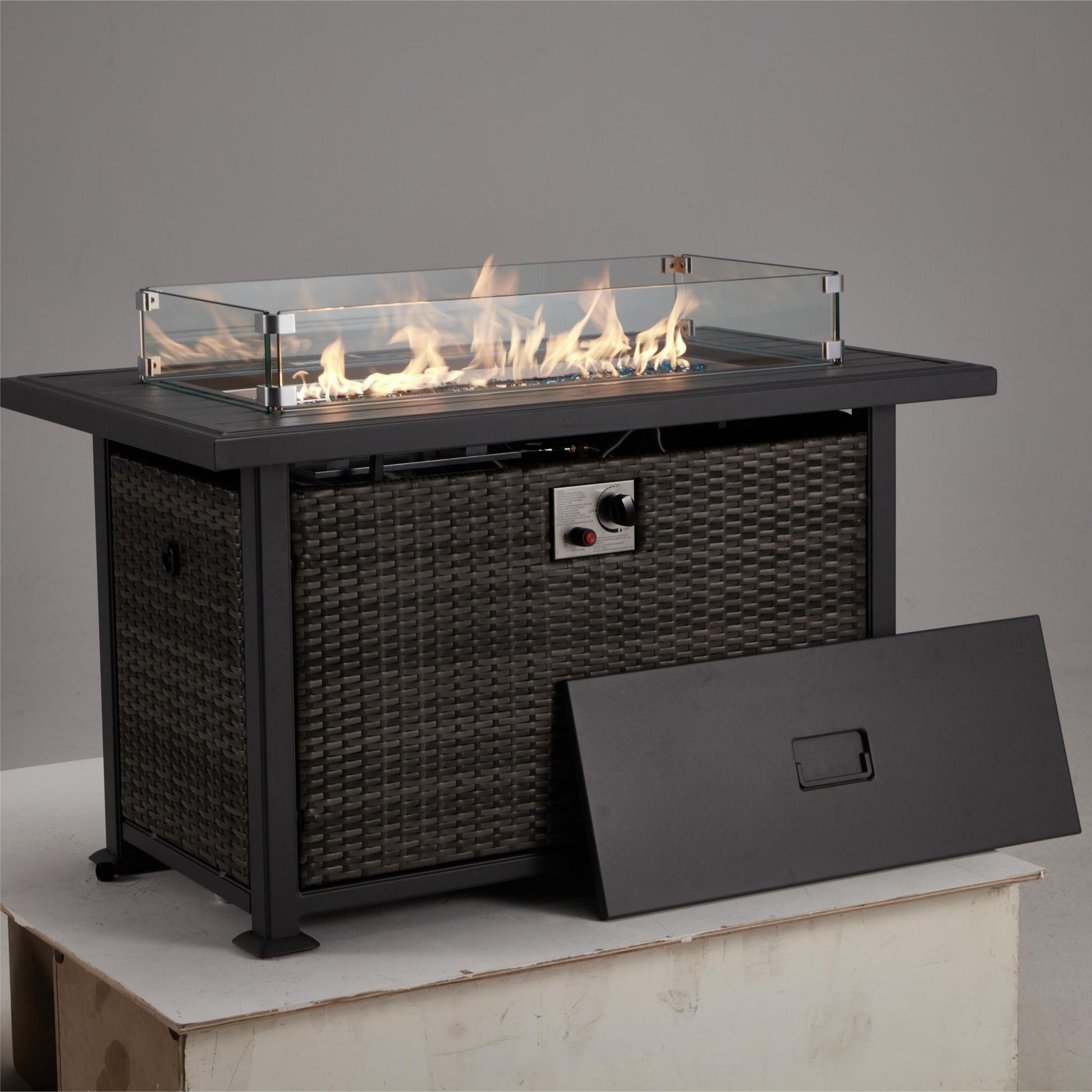 44 in Propane Fire Pit with Aluminum Table Top and Glass Wind Guard, Dark Gray