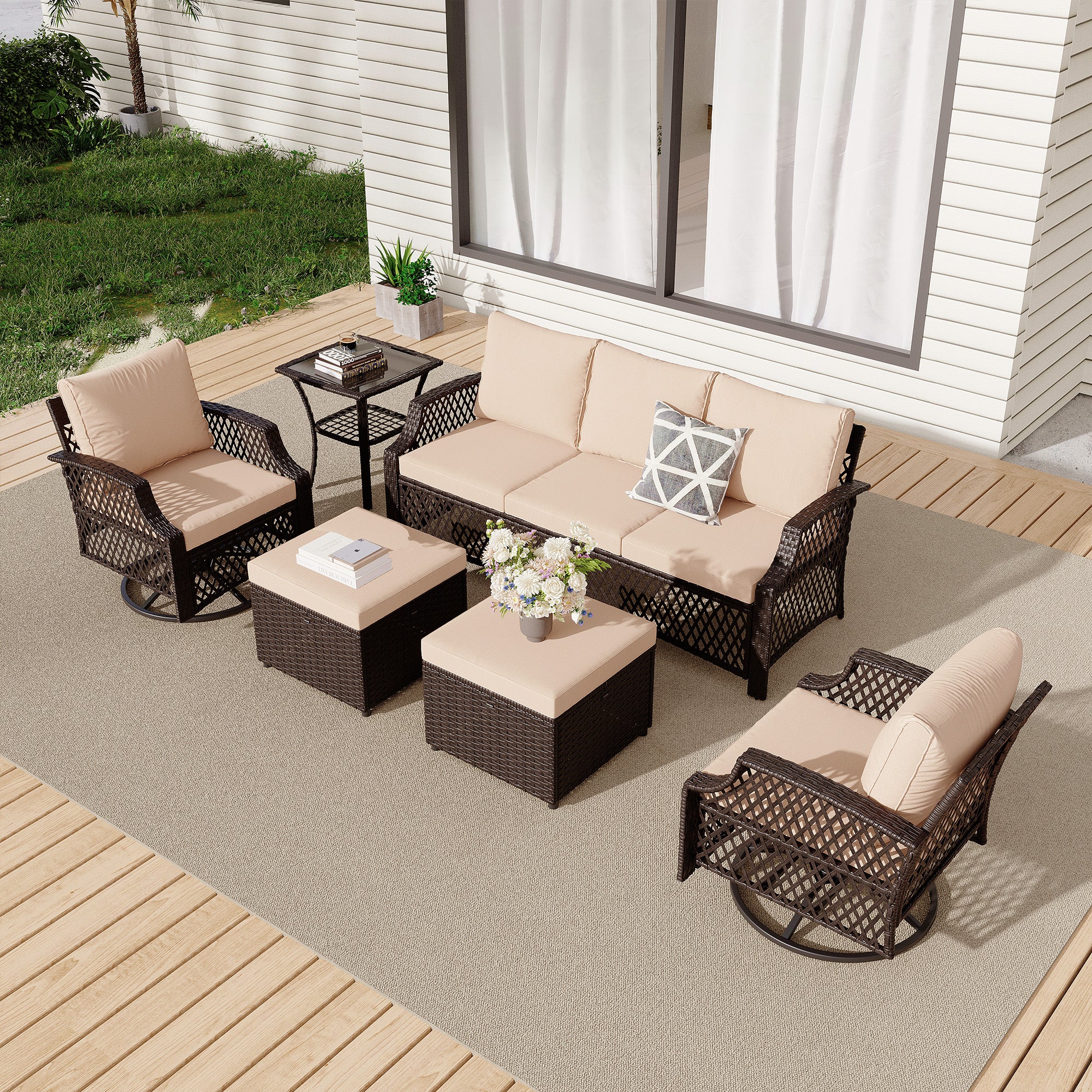 HOMREST 6 Piece Patio Furniture Set, Rattan Outdoor Sectional for Deck Backyard Porch (Khaki)
