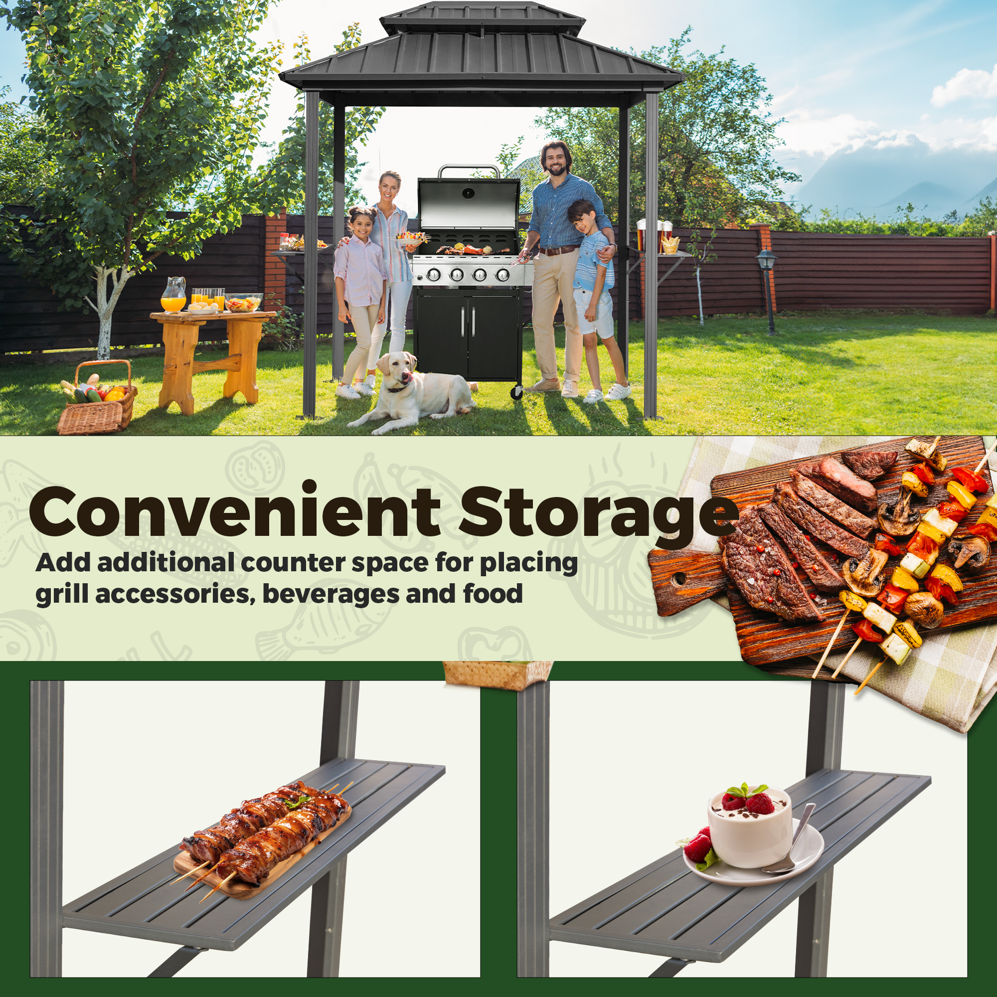 HOMREST 8x6 FT Outdoor Grill Gazebo with Double Steel Roof & Shelves
