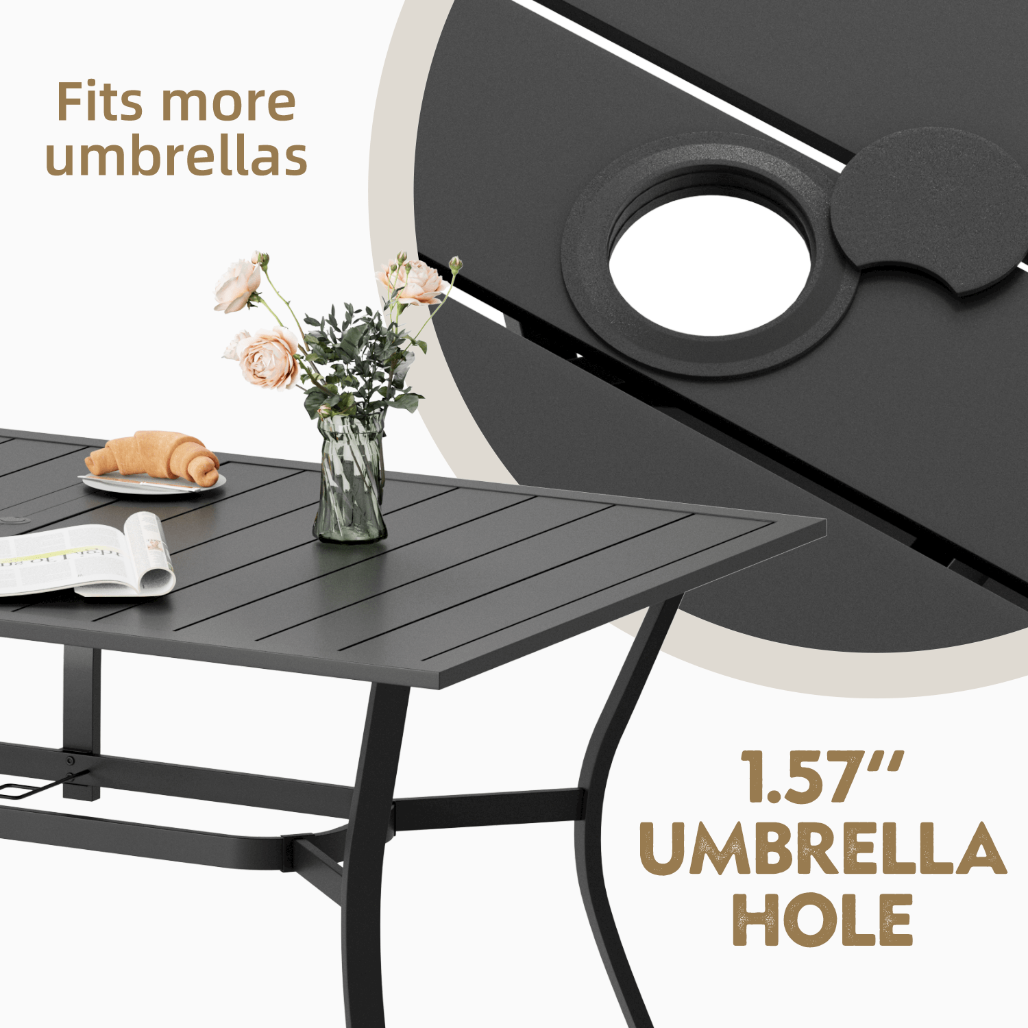 HOMREST 63"x38" Outdoor Dining Table for 6, E-Coated Metal w/ Umbrella Hole