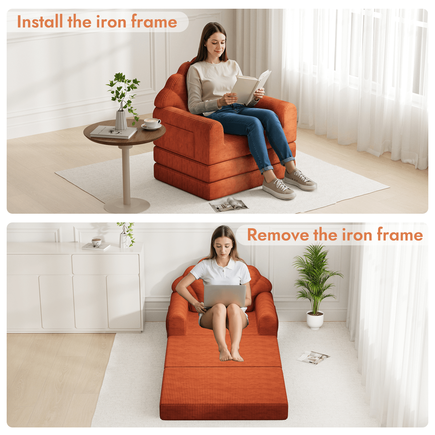 HOMREST 2-in-1 Folding Sofa Bed with Back Support, 75" D x 34" W Convertible Futon Sleeper Chair for Living Room Bedroom Small Spaces, Antique Brown