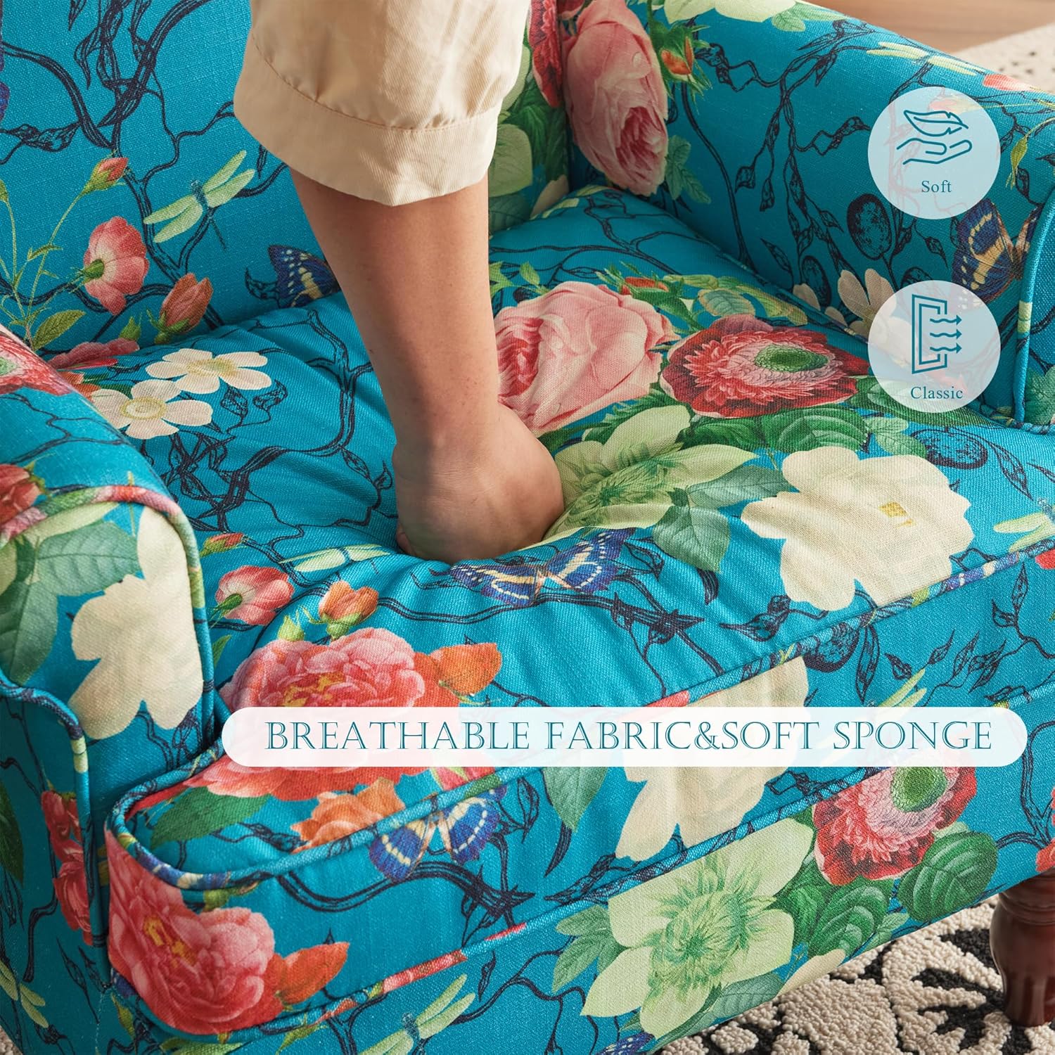 HOMREST Fabric Accent Chair for Living Room Bedroom Reading, Teal Floral
