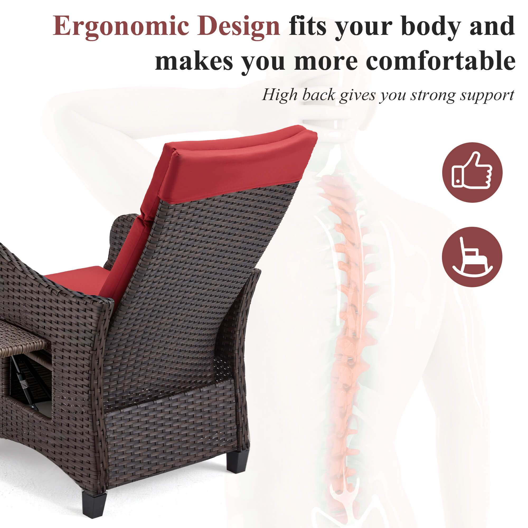 Homrest Outdoor Recliner Chair with Flip-up Table & Removable Cushion for Patio Deck Backyard, Red