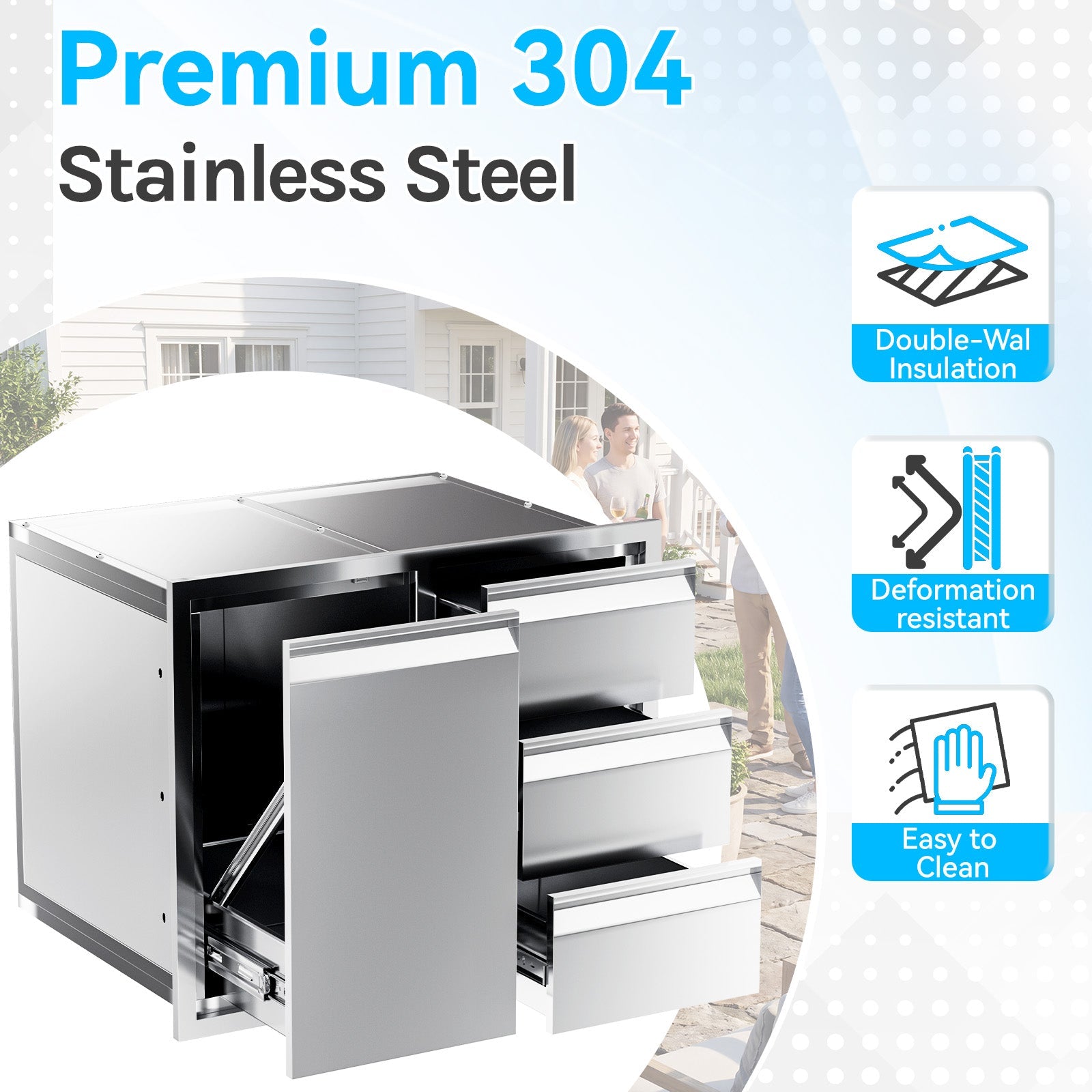 HOMREST Outdoor Kitchen Drawer and Trash Bin Combo - 28"Wx20"Dx23"H Built-in 304 Stainless Steel Cabinet with Triple Drawers & Pull-Out Trash Drawer, Silver