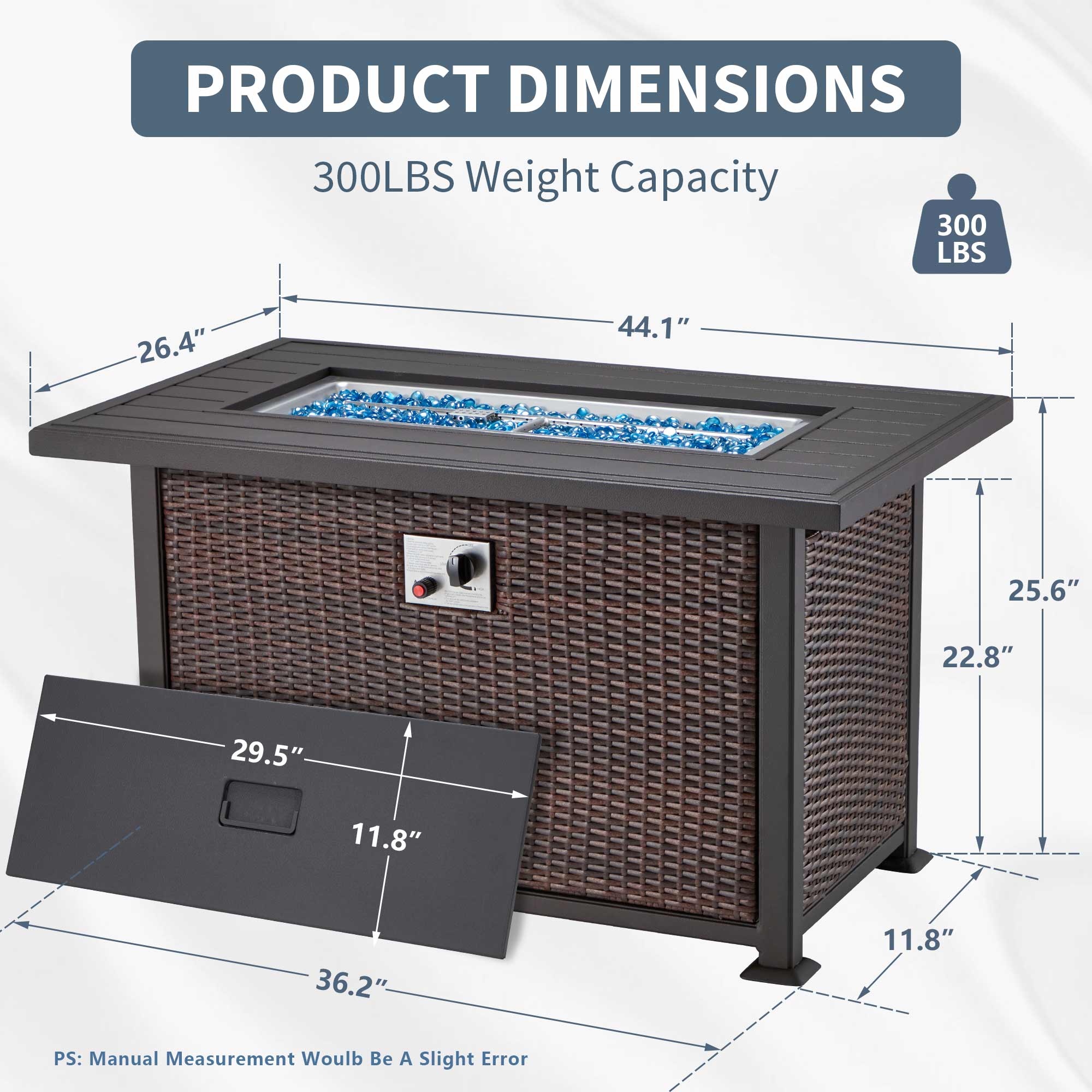 Product Dimensions of 44 in Fire Pit Table 50,000 BTU Propane Fire Pit with Hidden Side Hooks, Dark Brown | Homrest Furniture