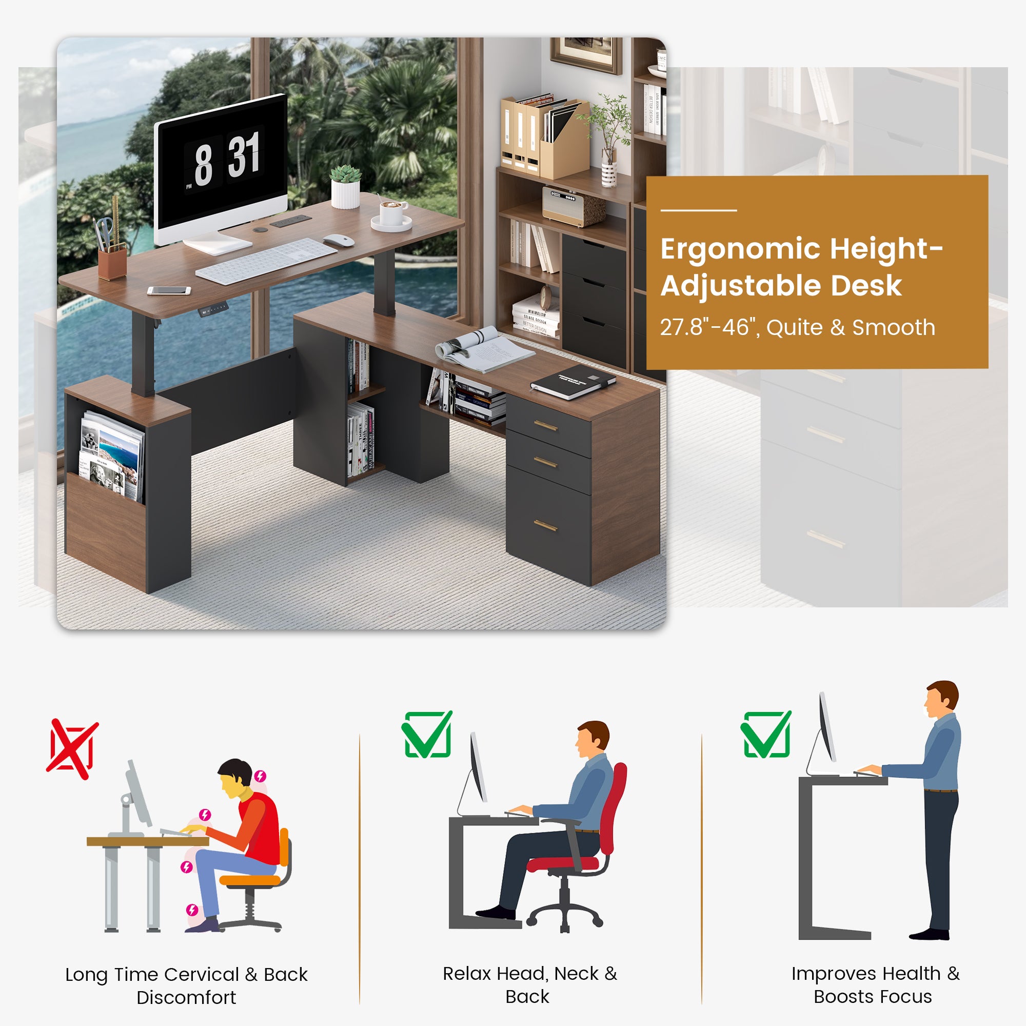 HOMREST 63" L Shaped Electric Standing Desk with Storage, Executive Adjustable Height with Power Outlets and Privacy Panel, Walnut Black