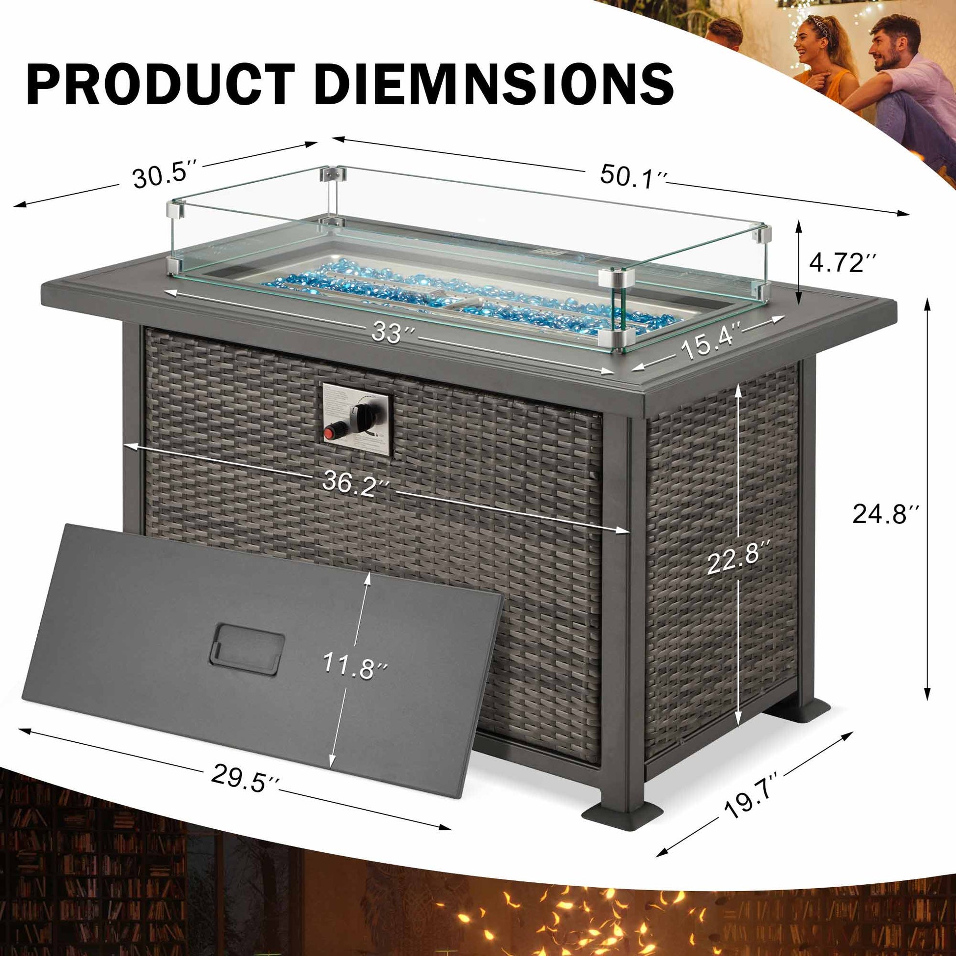 Product Dimensions of 50 in Propane Fire Pit Table w/ Glass Wind Guard and Aluminum Tabletop,50,000 BTU, Dark Gray