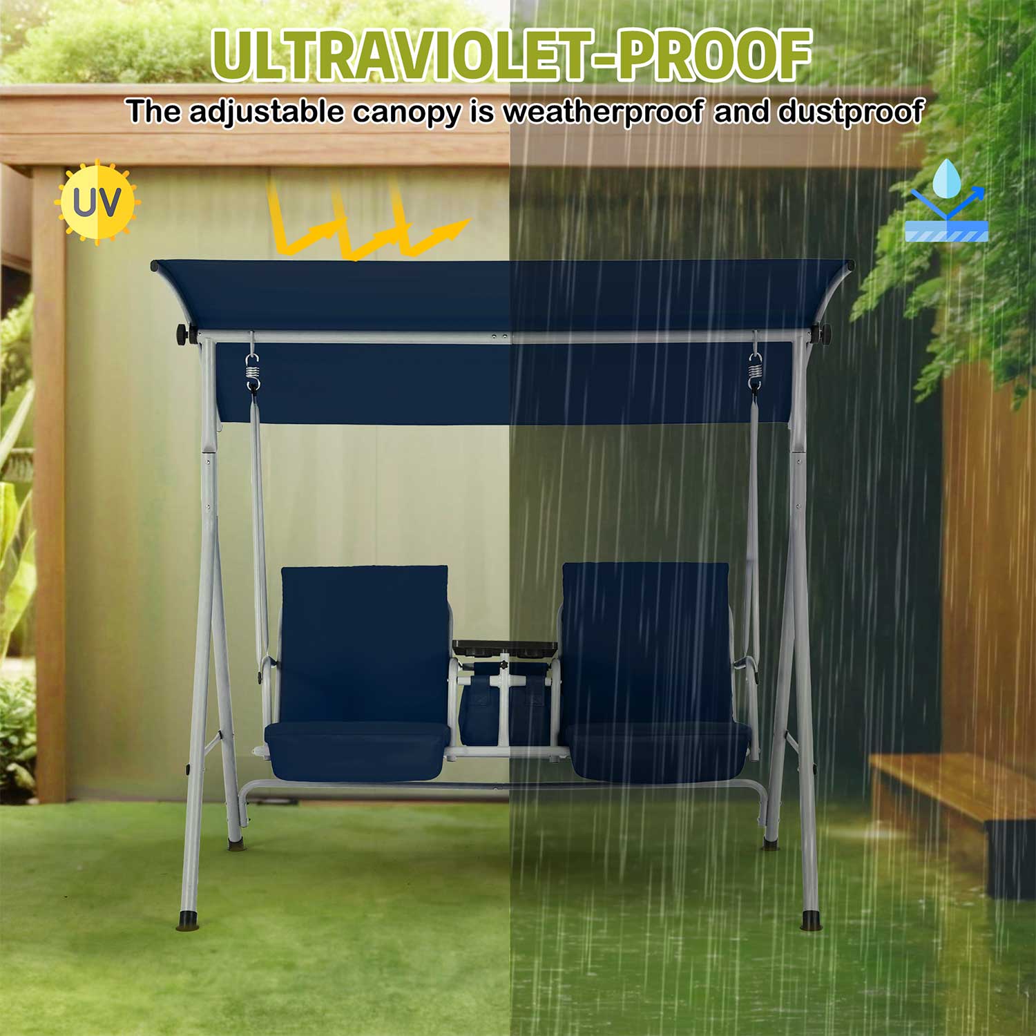 Homrest 2 Seat Outdoor Porch Swing with Adjustable Canopy, Navy Blue