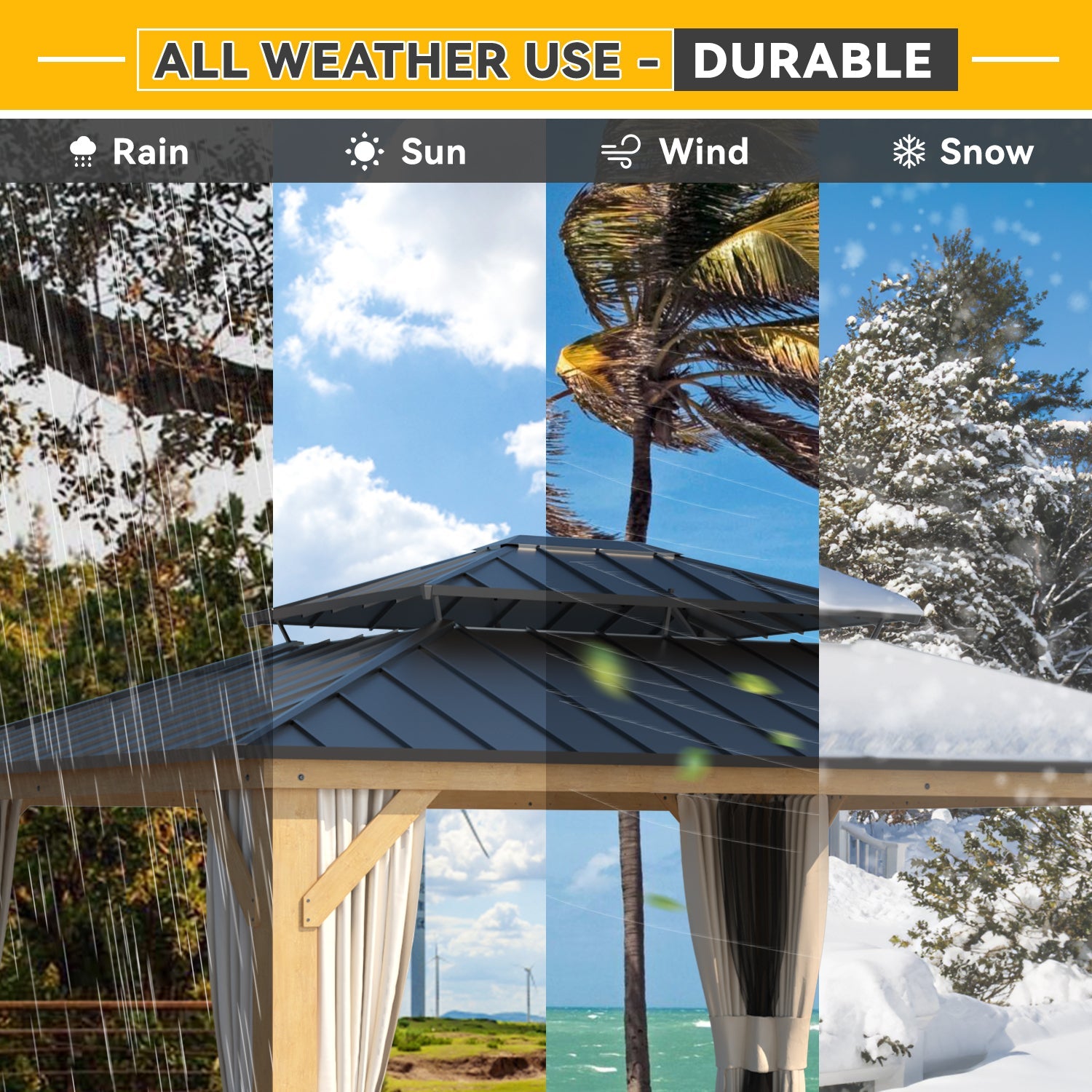 Homrest 13' x 15' Outdoor Cedar Wood Hardtop Gazebo w/ Double Metal Roof, Curtains & Nettings