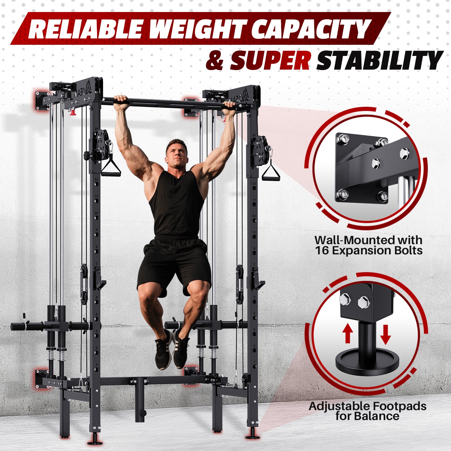 HOMREST Folding Squat Rack, Wall Mounted Power Rack with Cable Crossover Machine & LAT Pull Down Multi-Function Space-Saving Power Cage, Black
