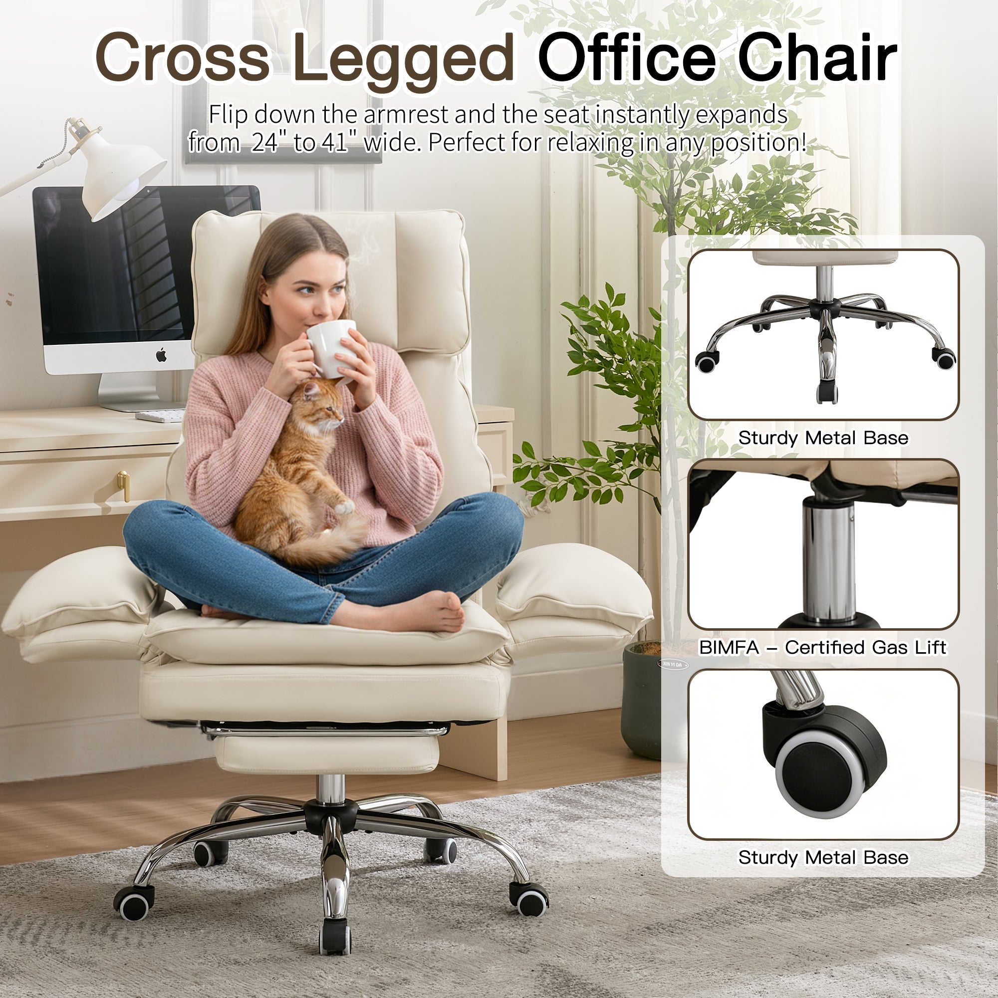HOMREST Cloud Cross Legged Office Chair with Footrest,Leather Big and Tall Executive Ergonomic Chair,155° Reclining Computer Wide Desk Chair, Beige