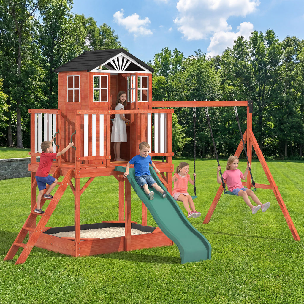 HOMREST Kids Outdoor Wooden Swing Set with Elevated Playhouse, Wave Slide, Belt Swings and Sandbox