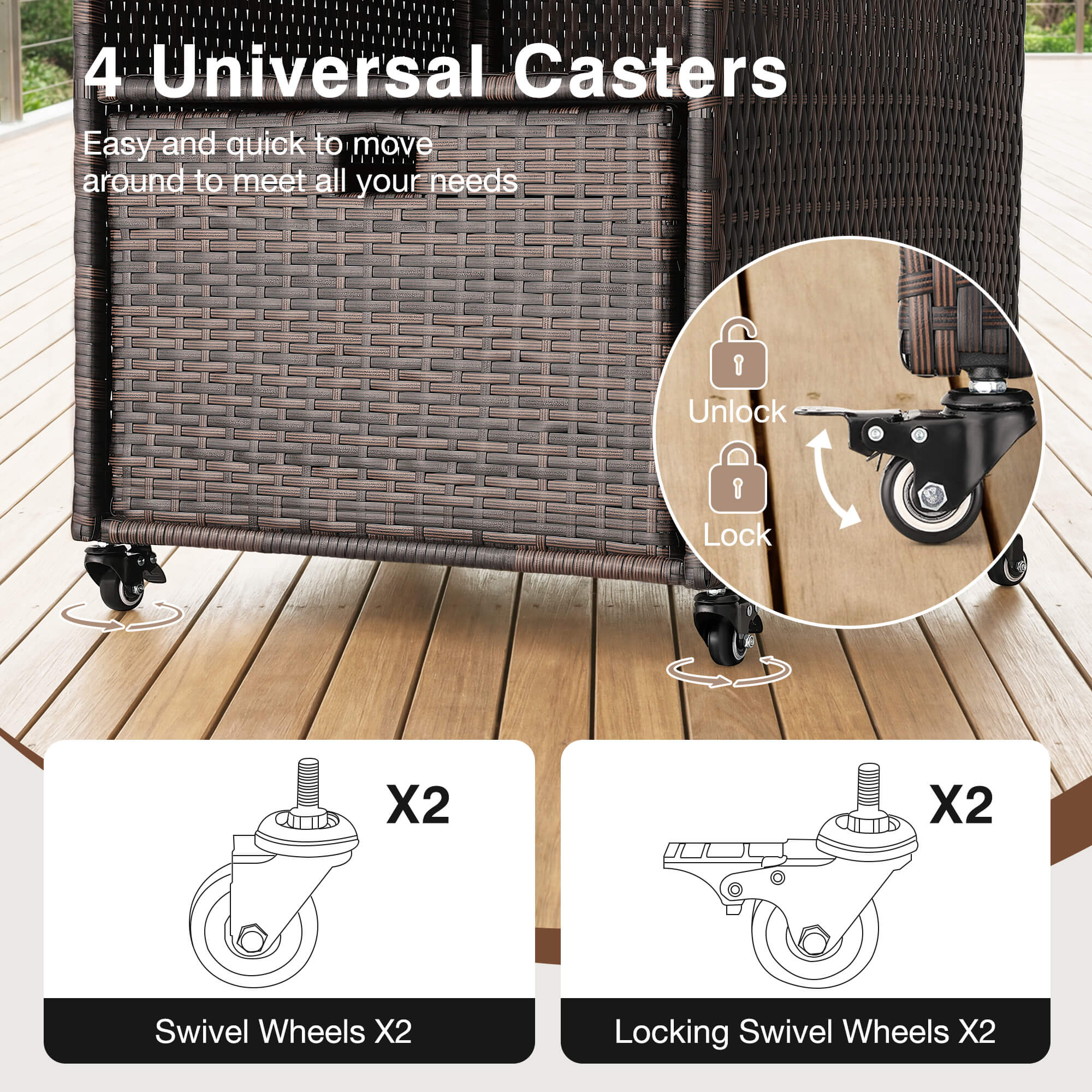 HOMREST Outdoor Pool Towel Rack with Storage Cabinet, Waterproof PE Rattan Wicker Poolside Towel Organizer with Shelves & Drawer, Rolling Wheels Towel Valet Caddy, Brown