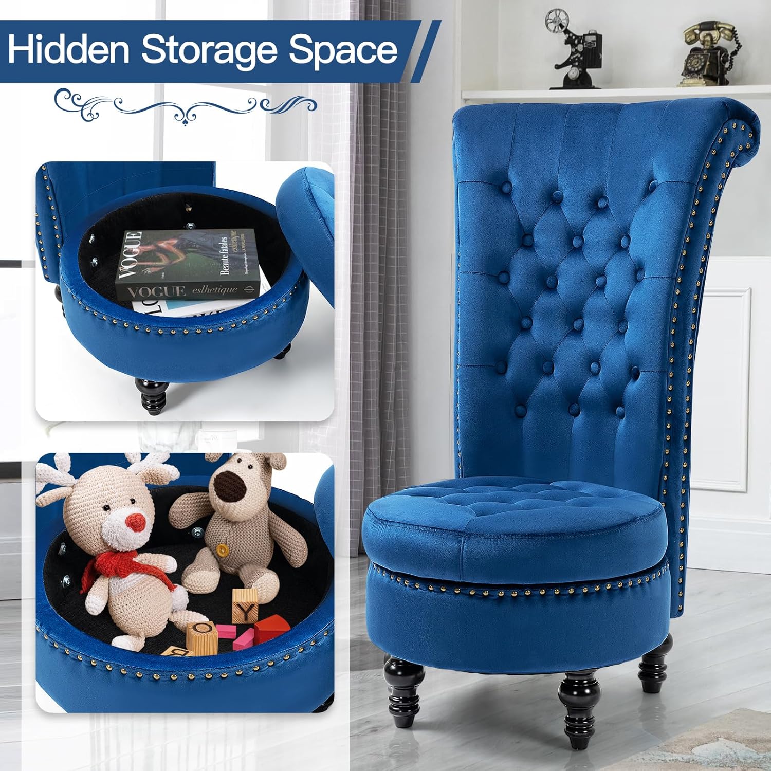 HOMREST High Back Throne Chair, Velvet Armless Royal Accent Chair w/Storage, Nailhead Trim & Rubberwood Legs for Living Room & Bedroom, Blue
