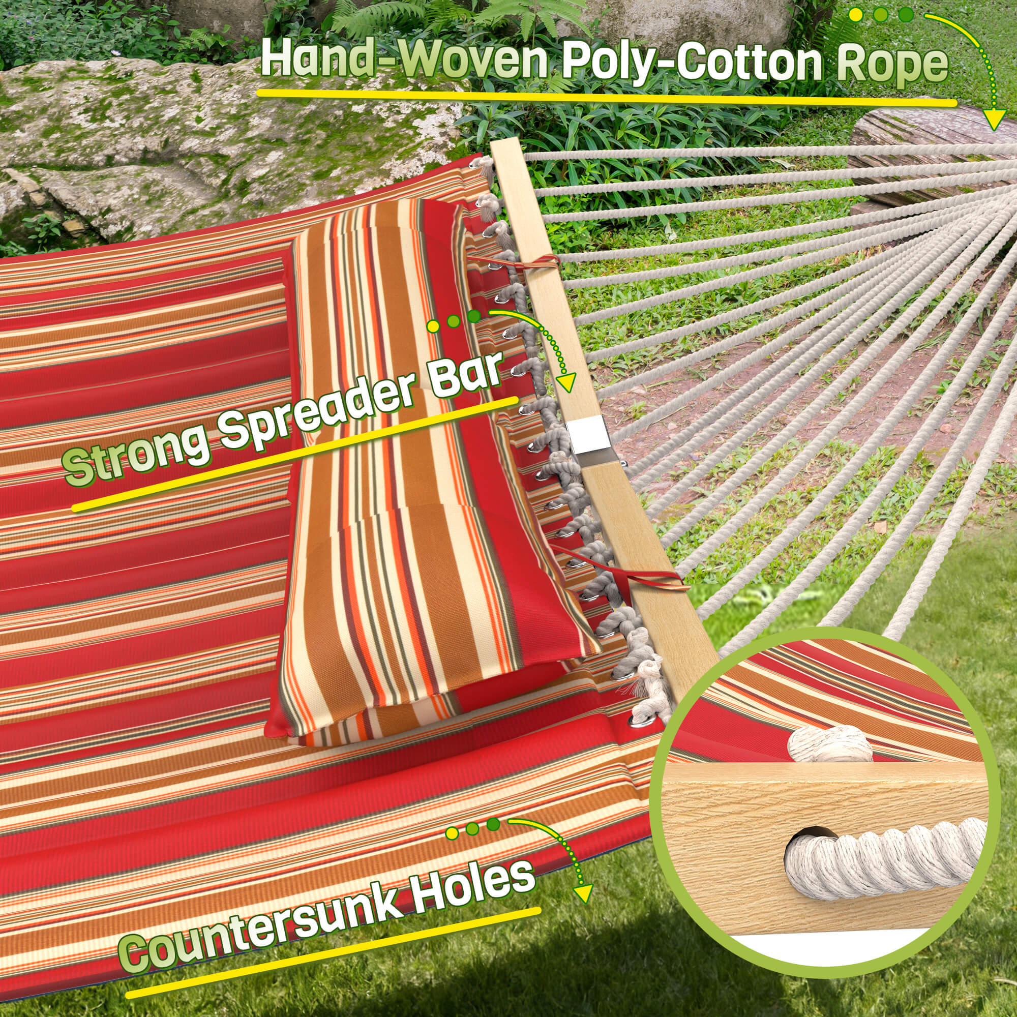 HOMREST Modern Portable Hammock, Outdoor Rope Hammock for Backyard, Beach & Camping, Red Stripes