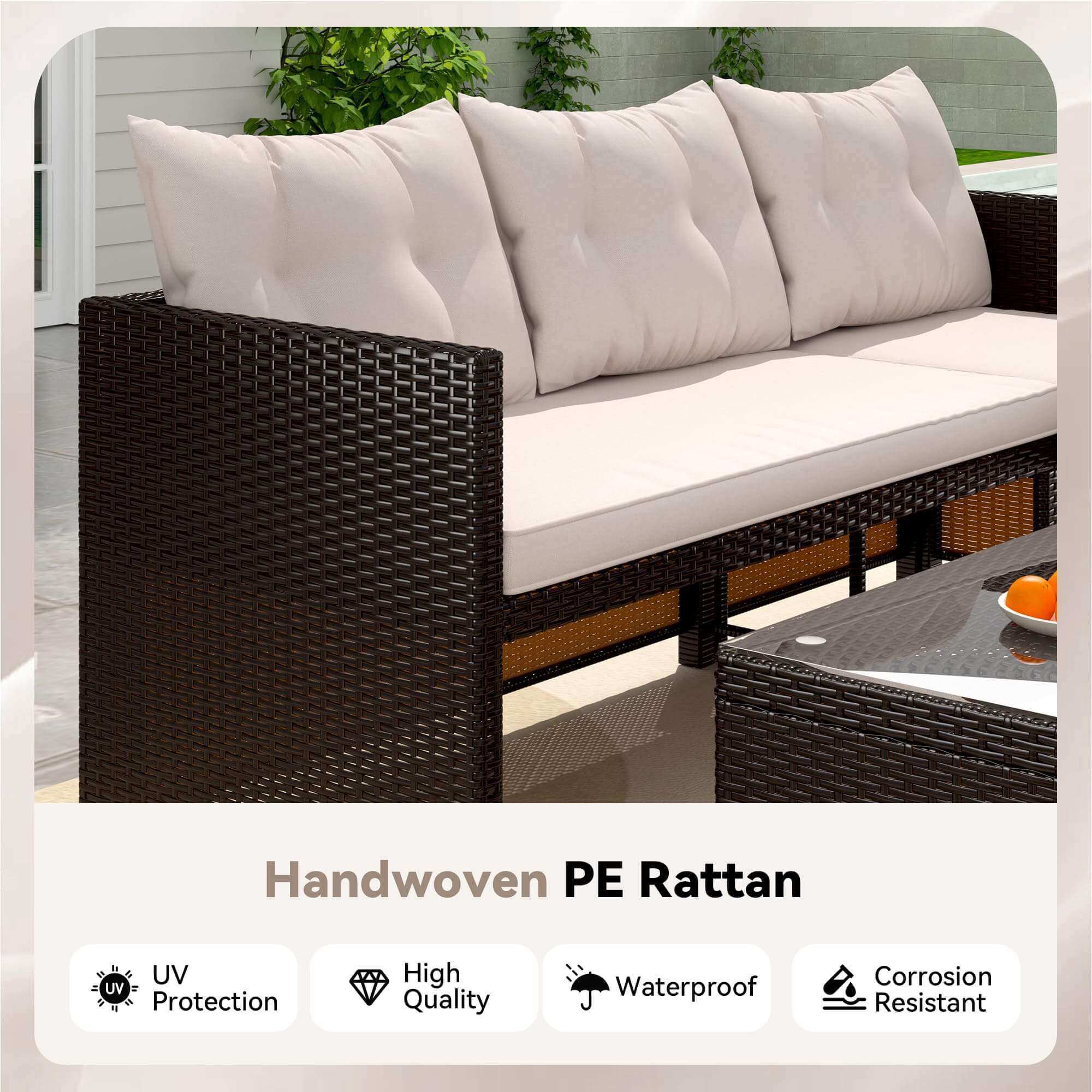 HOMREST 3 Piece Outdoor Patio Furniture Set, All-Weather PE Rattan Sofa Set with Glass Table & Cushions, Khaki