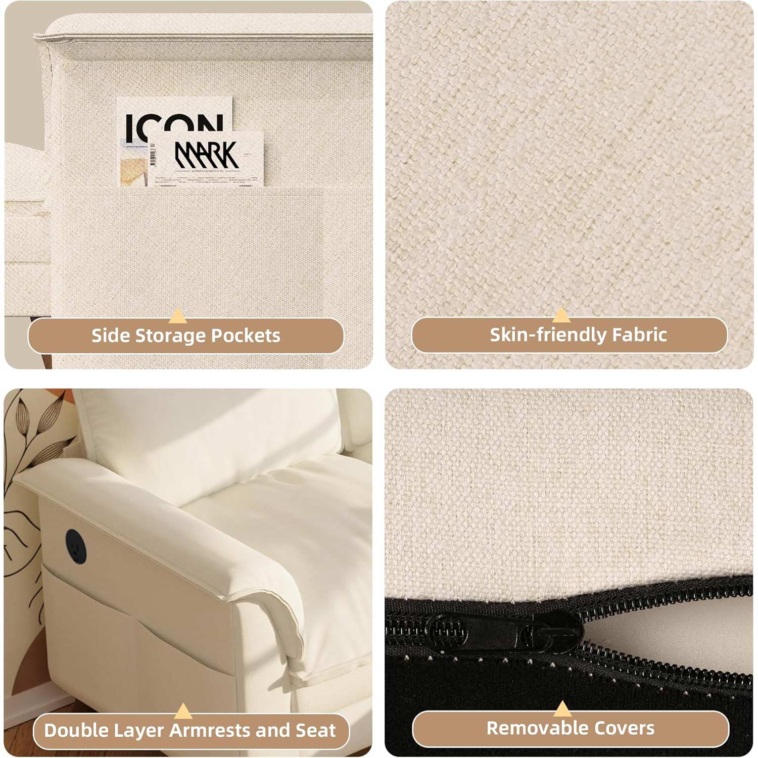 Side storage pockets,double layer armrests and seat,skin-friendly fabric and removable covers.