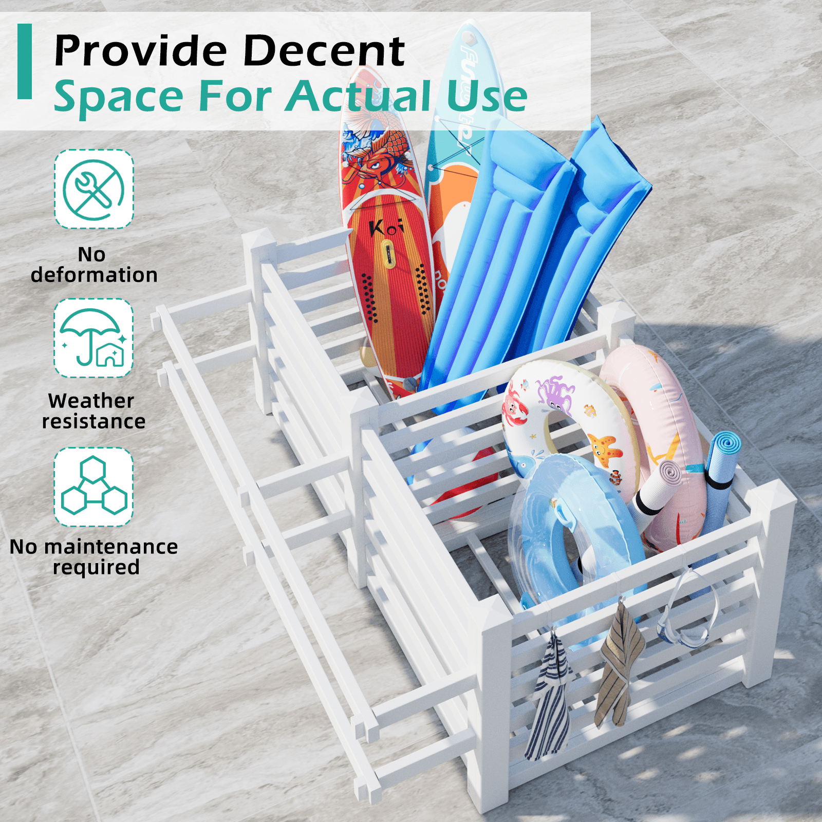 HOMREST 64" W x 92" L x 38" H Extra Large Pool Storage Organizer with Hooks, Waterproof Float Storage Bin, White