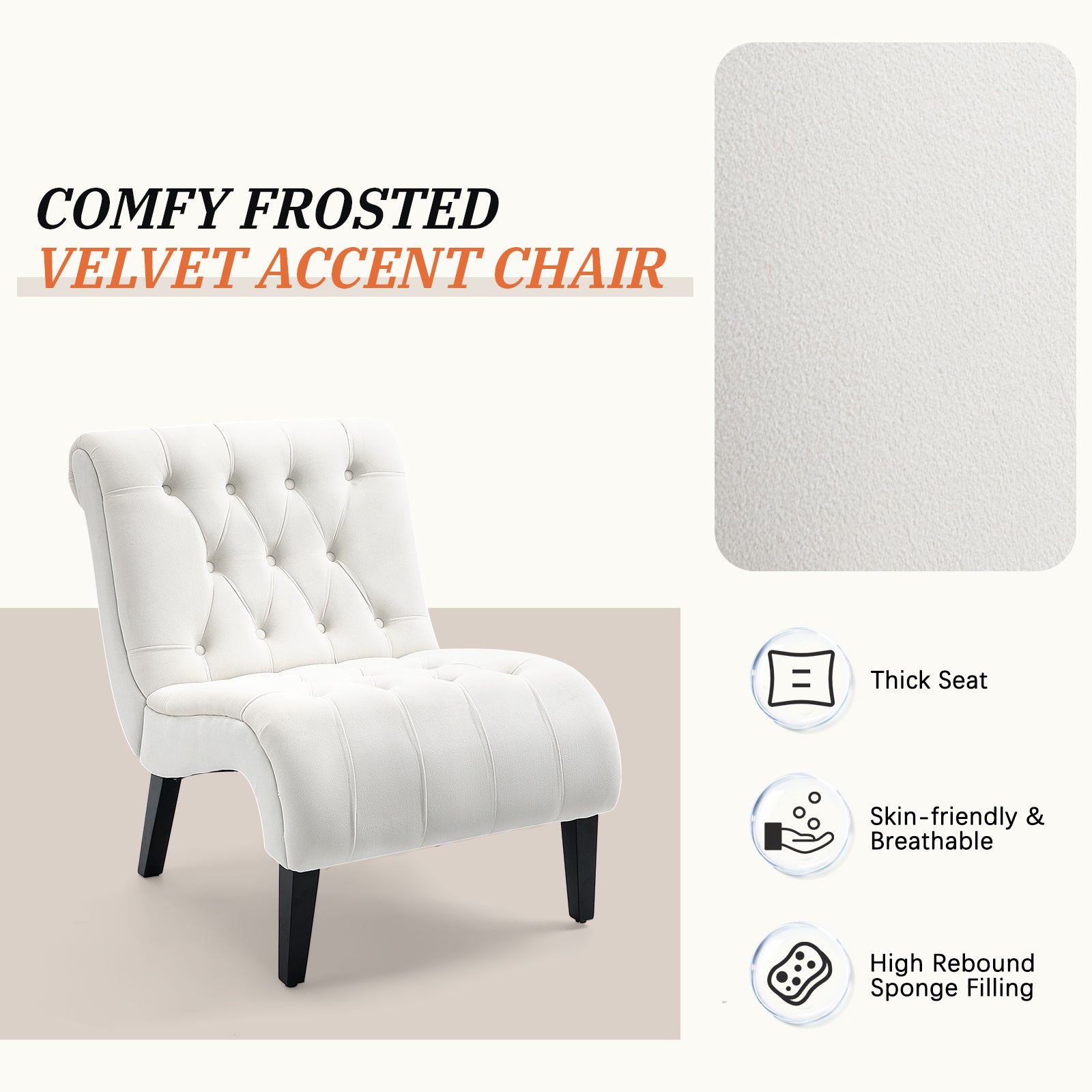 HOMREST Armless Accent Chair, Upholstered Button Tufted Living Room Chairs with Wood Legs, Comfy Frosted Velvet Lounge Chair Reading Chair for Bedroom, Cream White