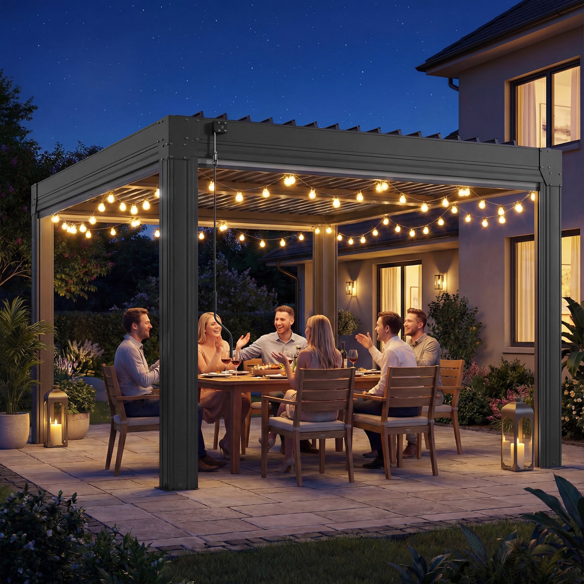 HOMREST 10' x 12' Louvered Pergola with Pull-Down Screens, Aluminum Outdoor Pergola with Retractable Roof for Patios, Decks & Backyards, Black