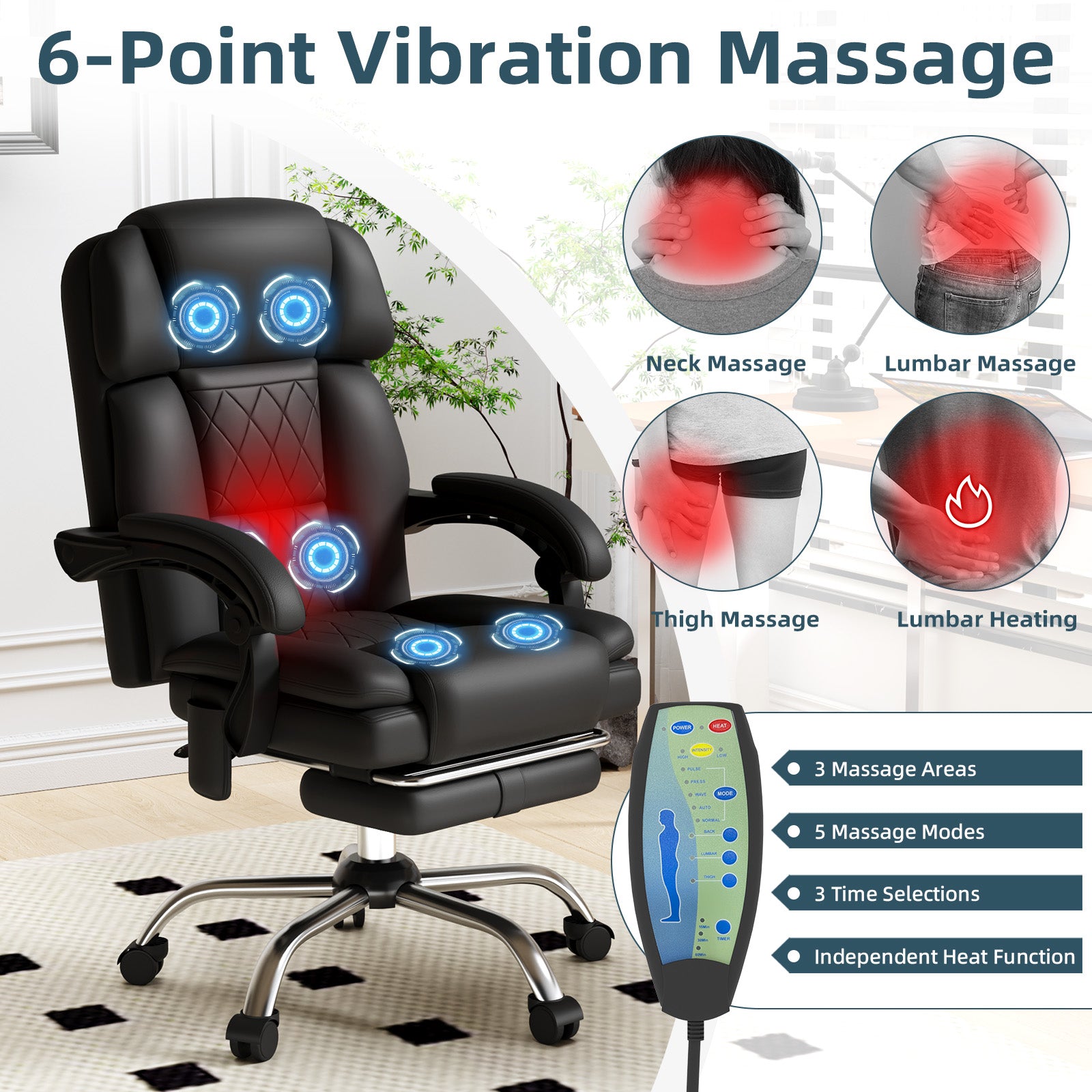 HOMREST 6-Point Massage Office Chair with Heat, Ergonomic Reclining Desk Chair with Footrest, PU Leather Executive Chairs for Home Office, Massaging Computer Chair Gift for Men, Black