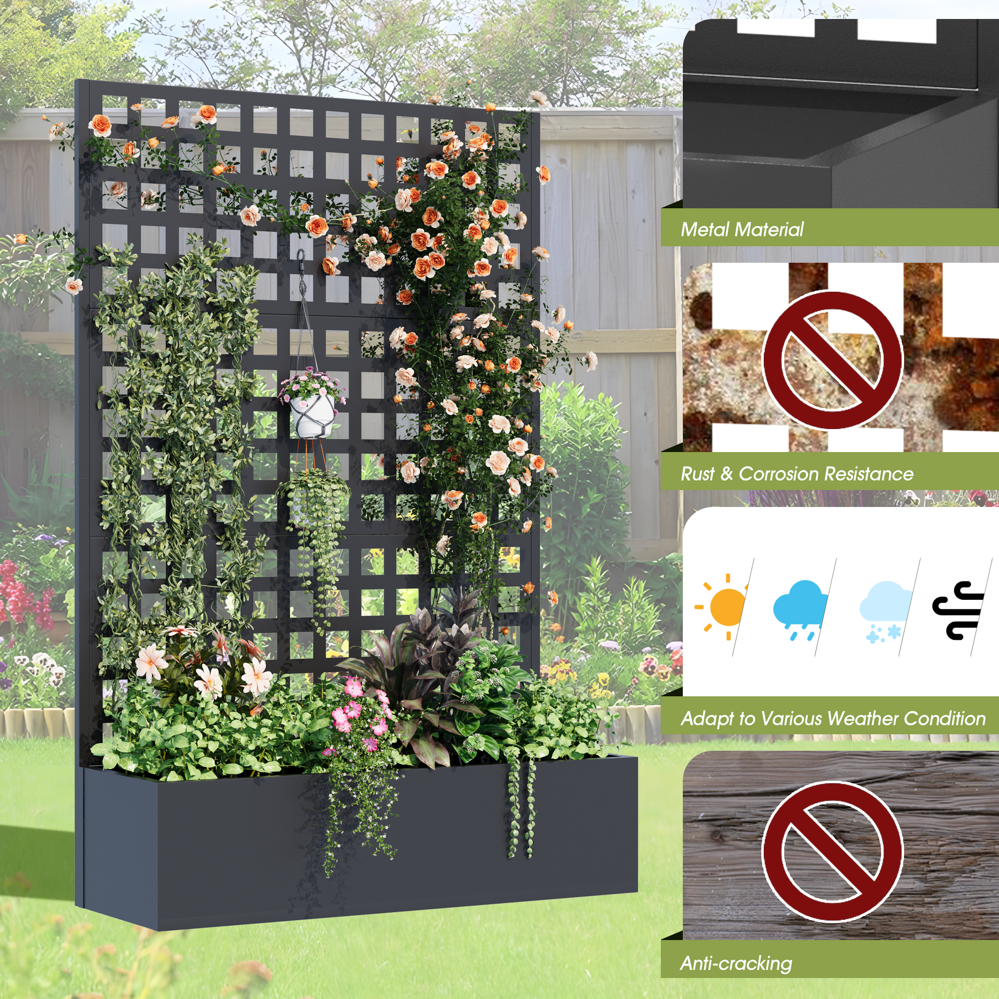 HOMREST Metal Planter Box with Trellis, 71"x 47"x 16" Raised Garden Bed, Planter Box Trellis with Privacy Screen and Drainage Holes, Black