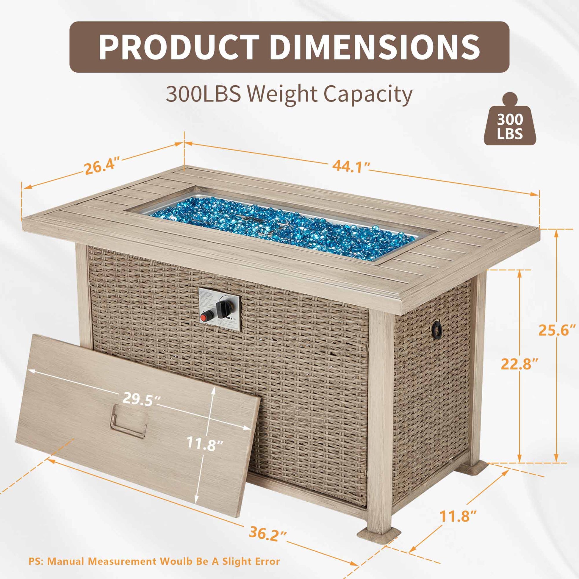 Product Dimensions of 44 In Propane Fire Pit Table, Aluminum Hand-Painted Table Top, 50,000 BTU, Gray