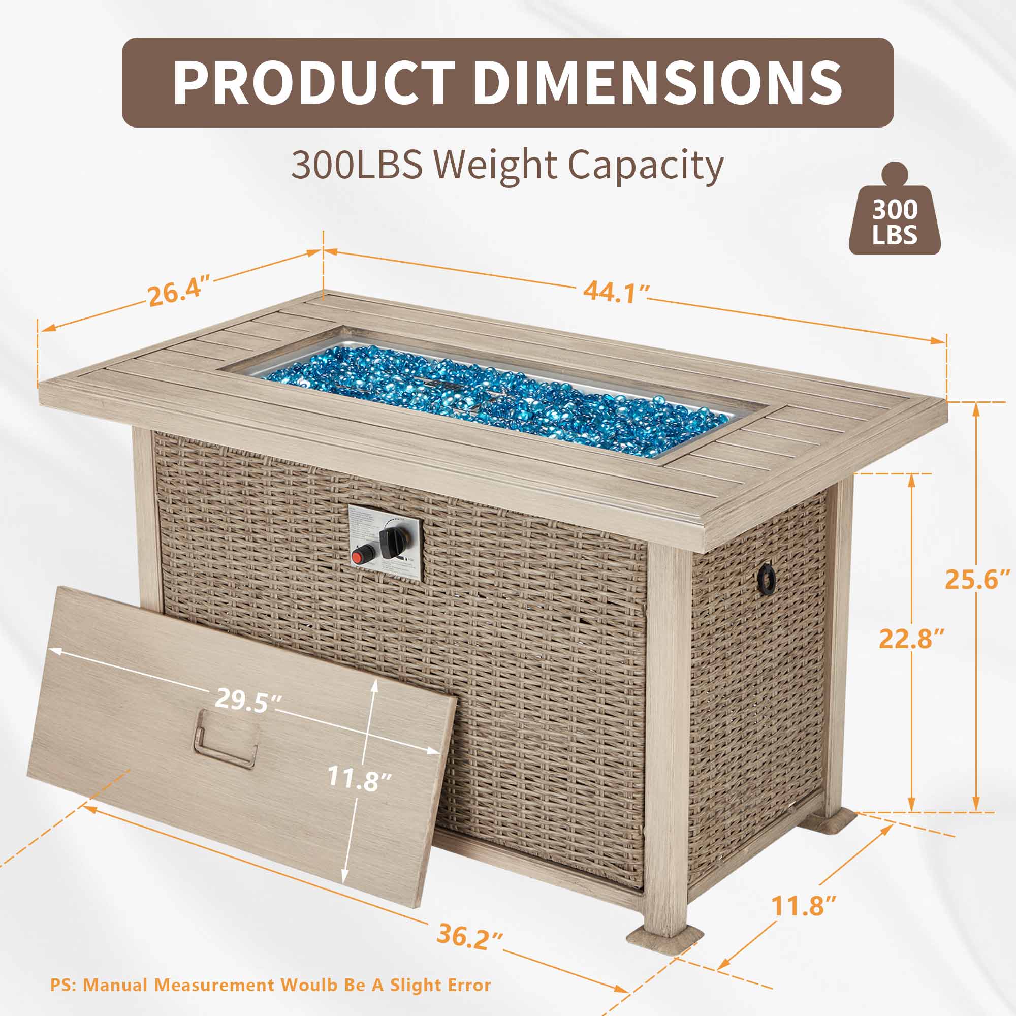 Product Dimensions of 44 In Propane Fire Pit Table, Aluminum Hand-Painted Table Top, 50,000 BTU, Gray