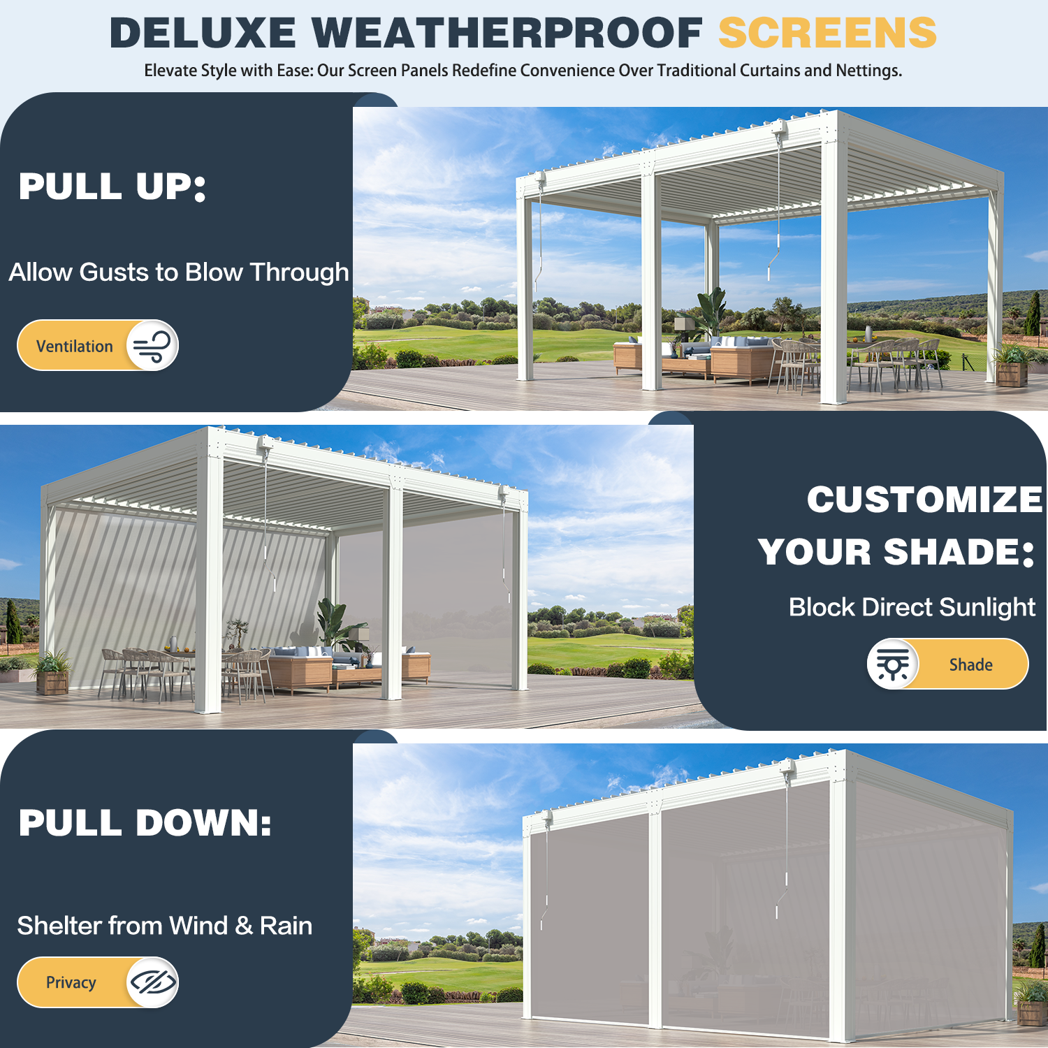 HOMREST 12x16ft Louvered Pergola with 6-Panel Pull-Down Screen, White