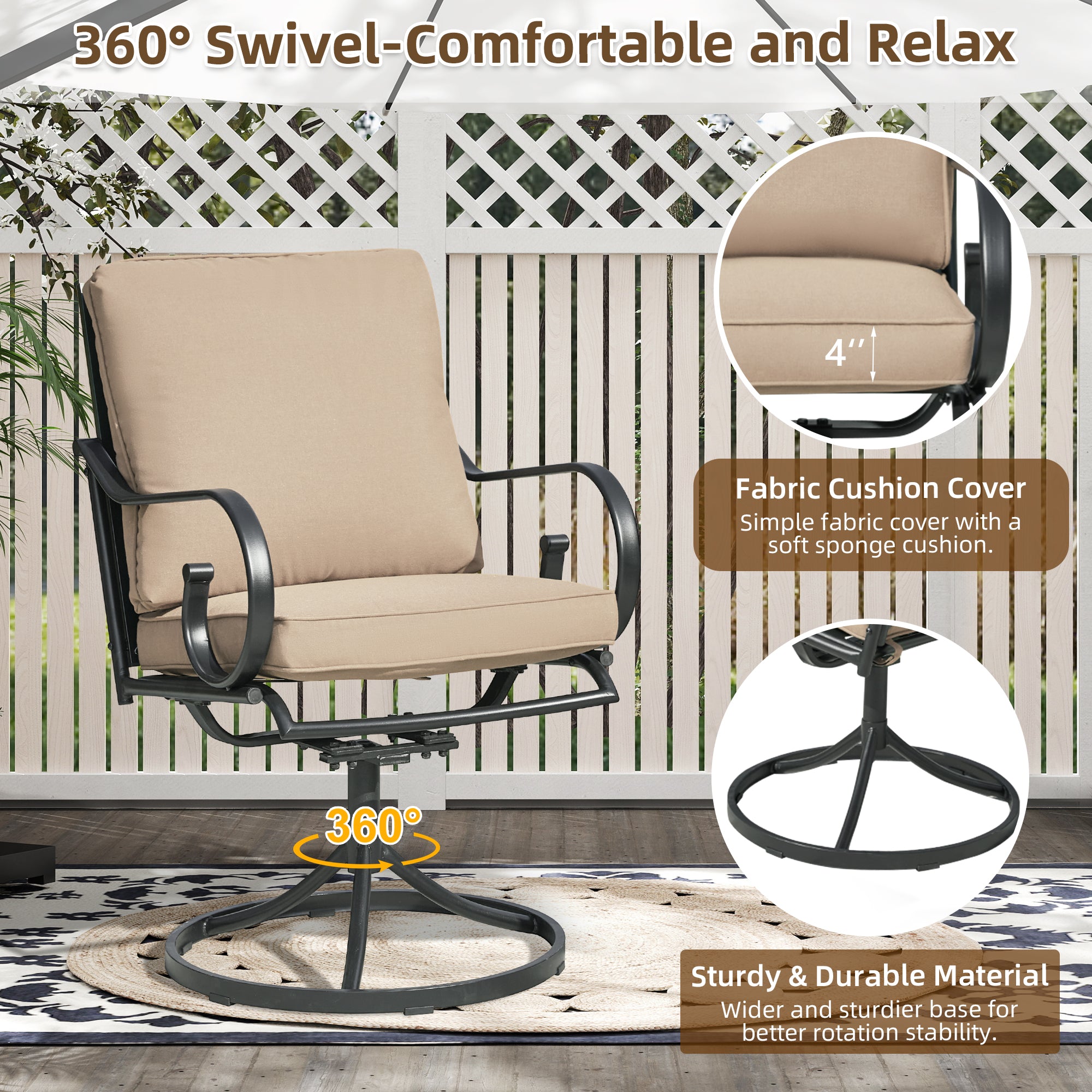 HOMREST  Patio Swivel Chair Set of 2, Outdoor Dining Chairs with Cushions, khaki
