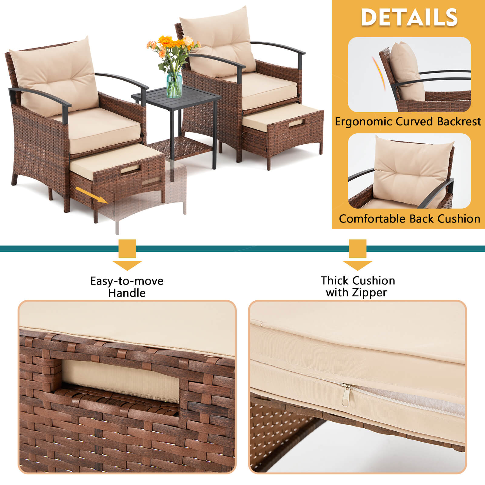 HOMREST 5 Pieces Patio Furniture Set, Outdoor Rattan Chairs with Metal Coffee Table, Ottomans & Soft Cushions, Wicker Conversation Bistro Set, Beige