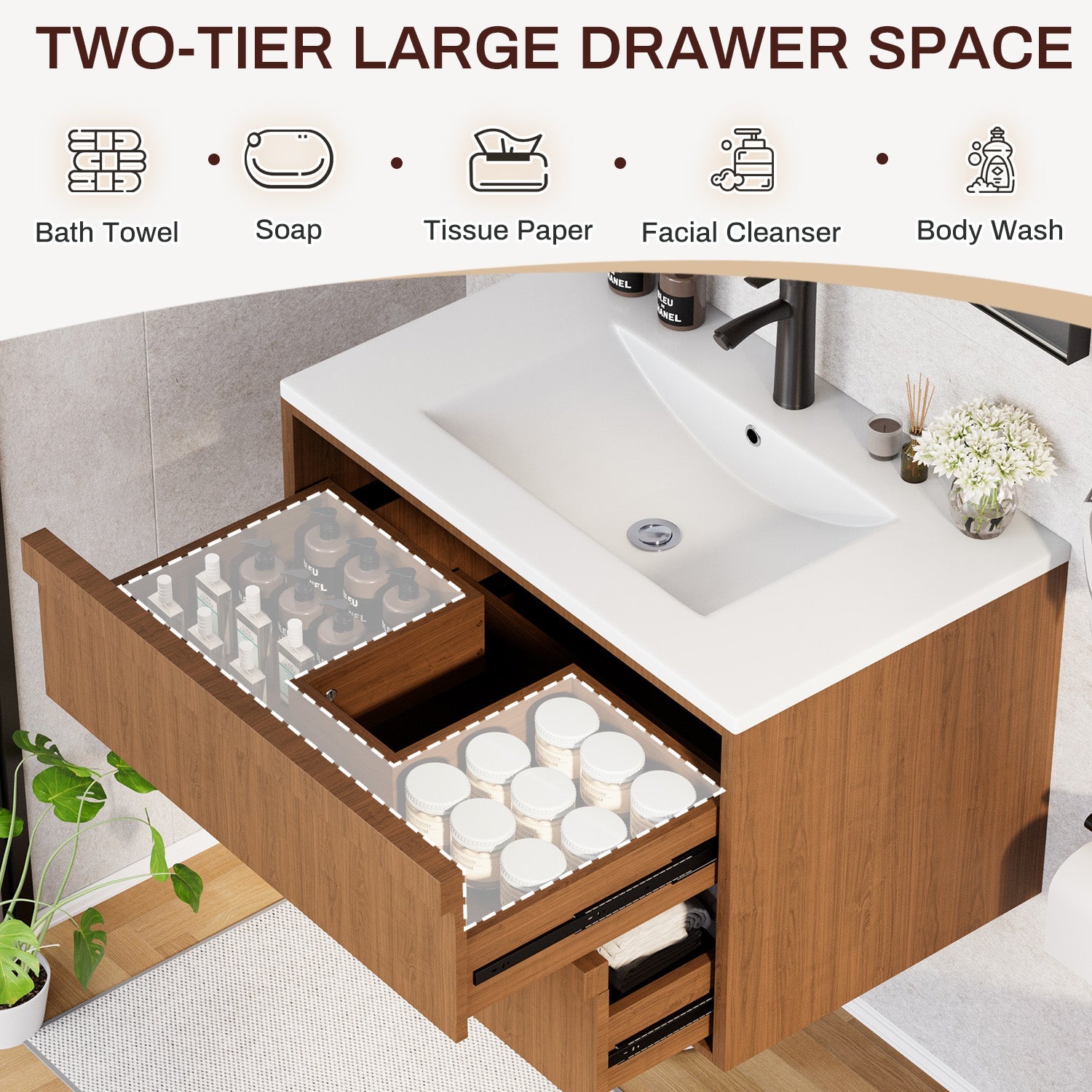 HOMREST 30 Inch Bathroom Vanity with Sink, Floating Bathroom Vanity with 2 Large Storage Drawers, Wood Grain Wall Mounted Bathroom Cabinet, Brown