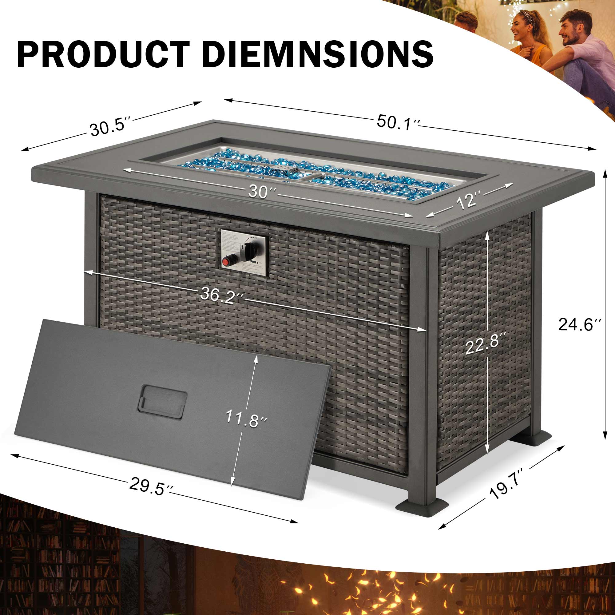Product dimensions of propane fire pit table with aluminum table top and glass wind guard, brown. | Homrest