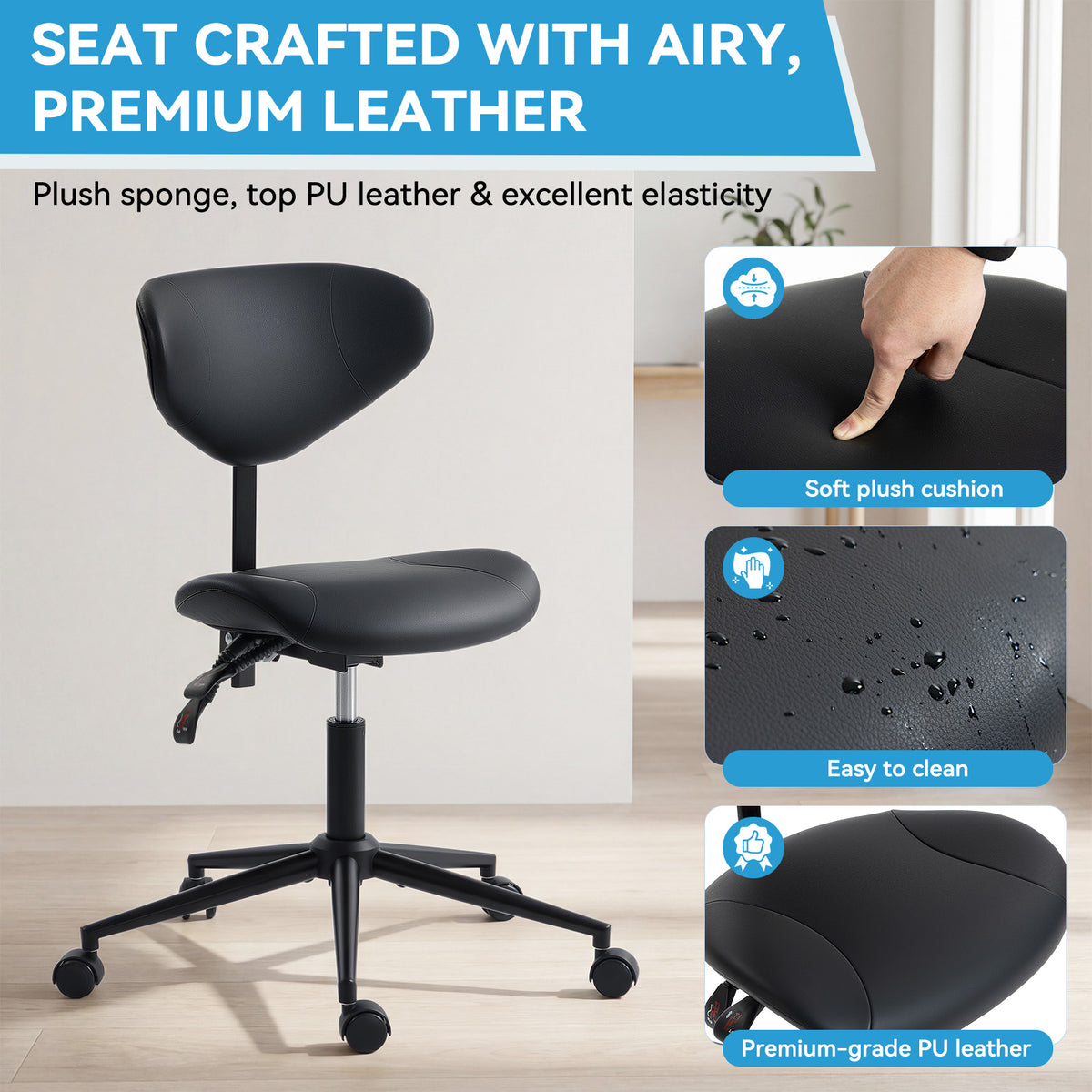 HOMREST Saddle Stool Chair with Customizable Back Support,Esthetician Tattoo Dental Stool Chair,Lash Chairs for Eyelash Tech Massage Salon(Black,with Backrest)