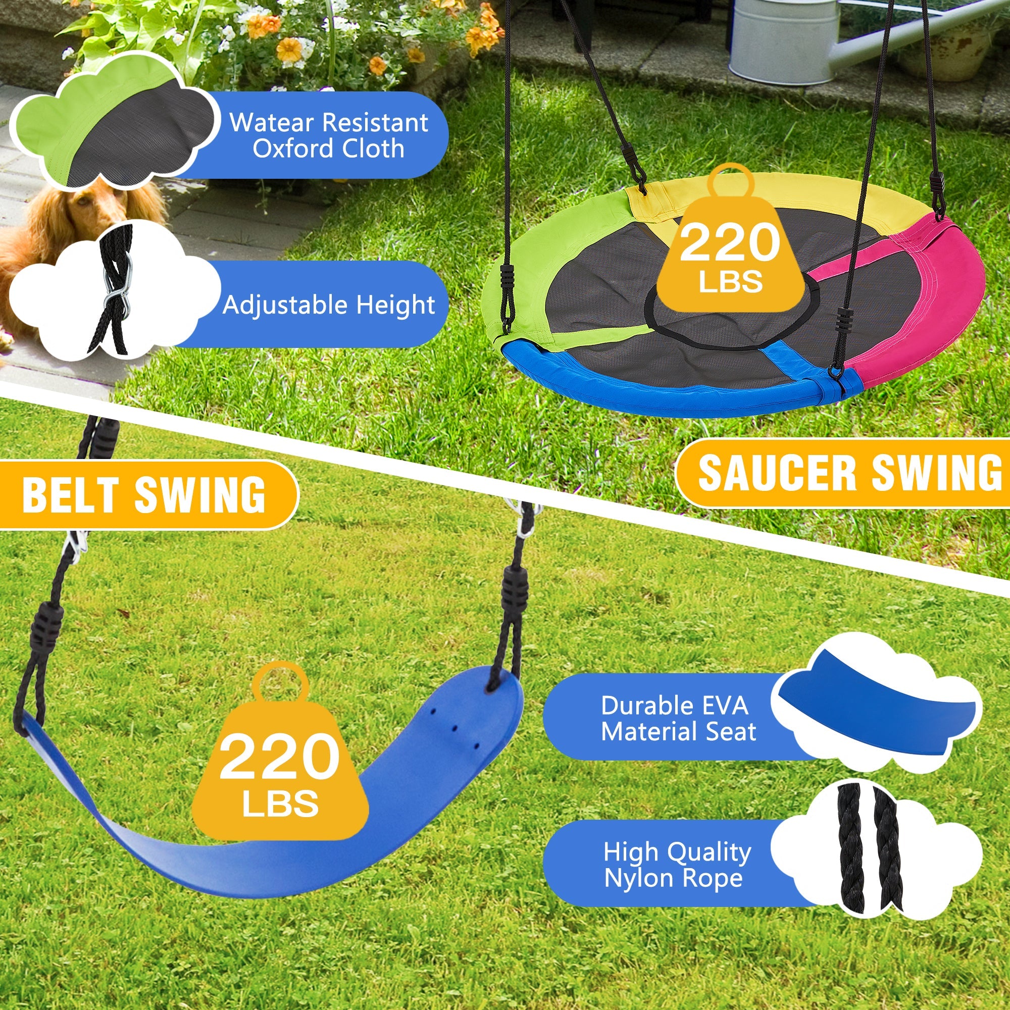 Homrest Heavy-Duty A-Frame Metal Swing Set, 440lbs Capacity, Includes Saucer & Belt Swings, Outdoor Playground for Kids