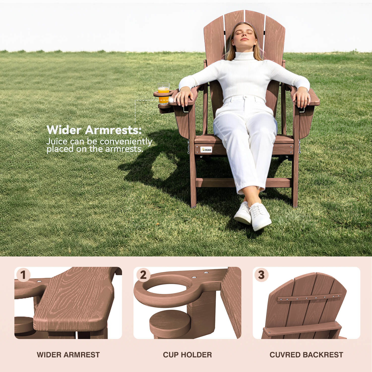 HOMREST 3-Position Adjustable Adirondack Chairs Set of 4, 400LBS HDPE Folding Outdoor Chairs with Cup Holder, Teak