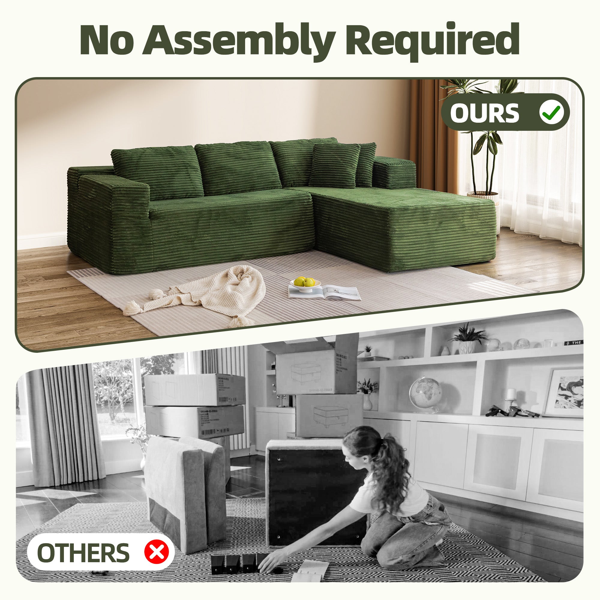 HOMREST 106 inch Cloud Sectional Couch with Chaise Lounge for Living Room, Corduroy Fabric, Green