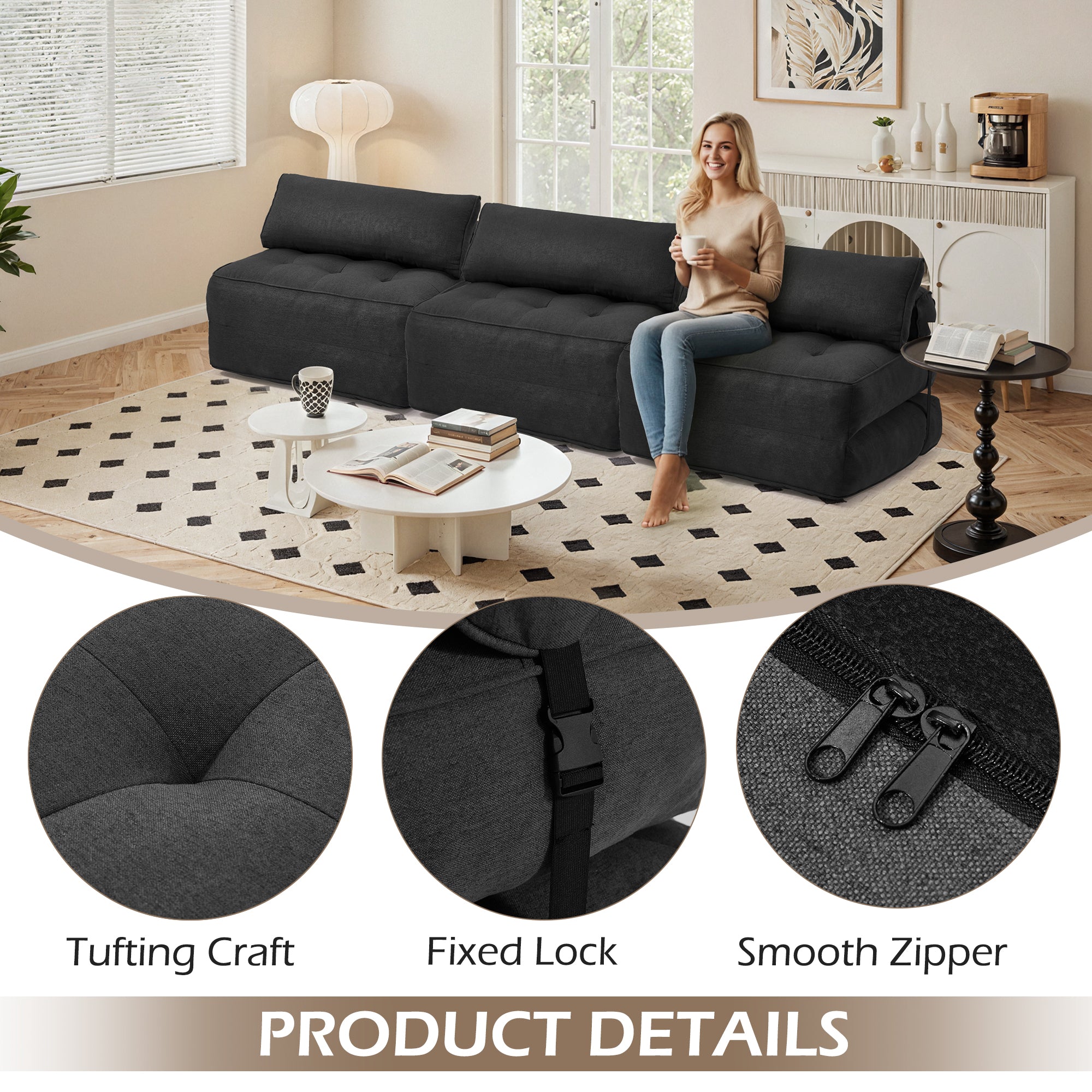 HOMREST 3-Piece Modular Sectional Sofa, Convertible Lounge Set – Foldable Couch Bed, Black