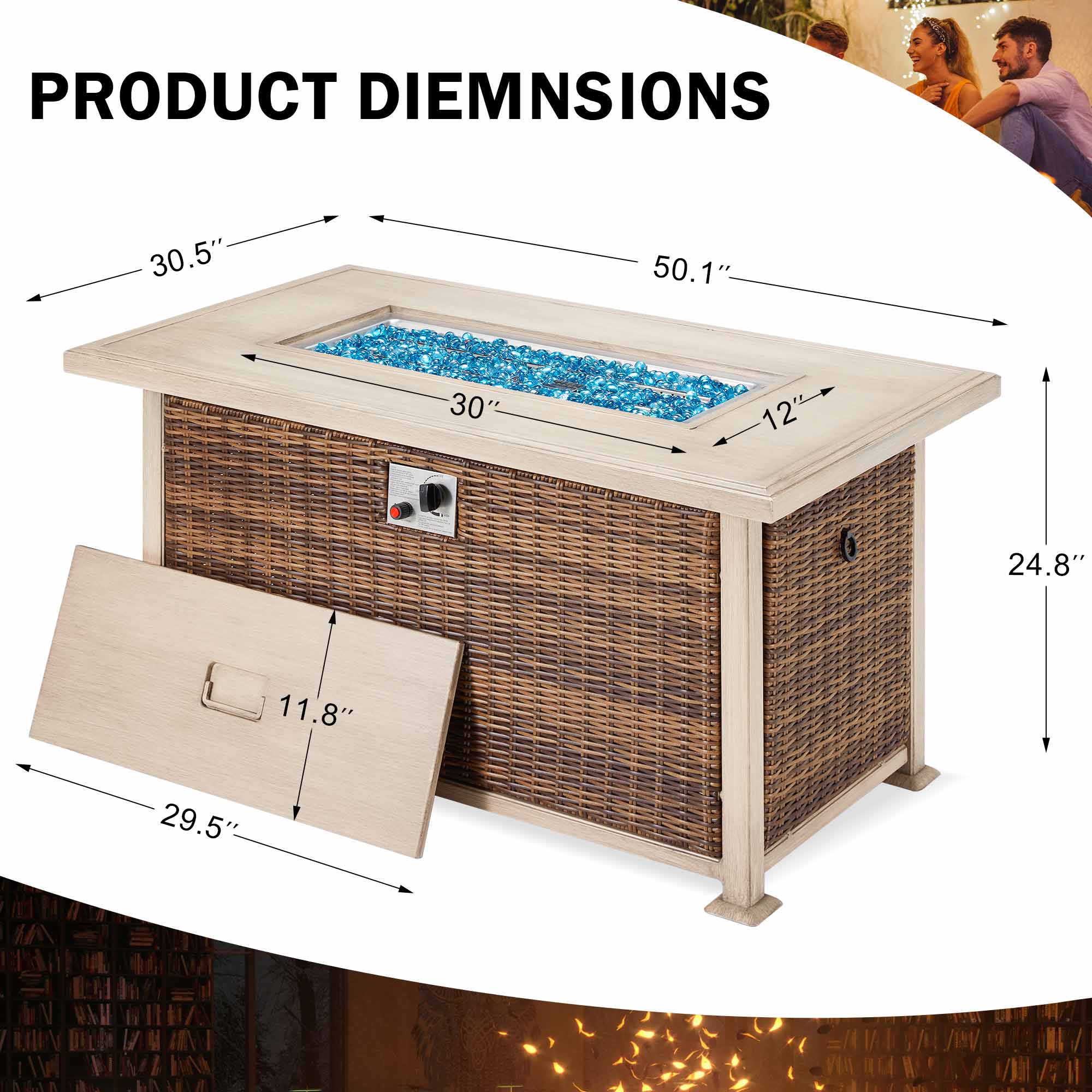 Product dimensions of our propane fire pit table with aluminum tabletop