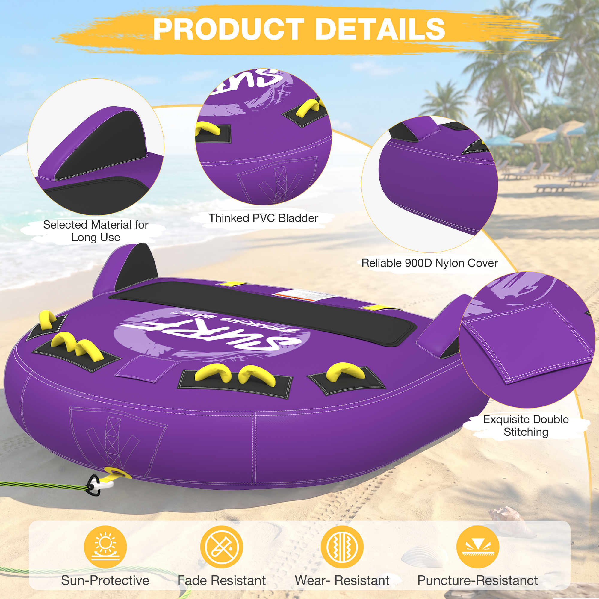 HOMREST 3-Person Deck Towable Tubes for Boating with Winged Side Bolsters and Towable Rope, Padded Bolster Guard Handles & Quick-Connect Tow Point